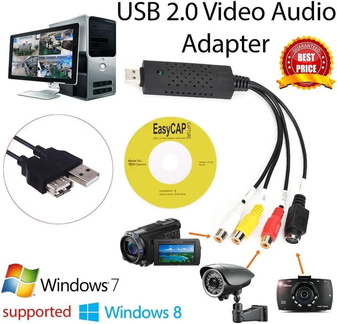 Alt view image 6 of 6 - EasyCap Video DVR USB 2.0 Video Adapter USB 2.0 Capture Card Video TV DVD VHS Audio Capture Card 3 in 1 VHS to DVD Adapter Converter PC PS3 XBOX for win 7 8 32 64
