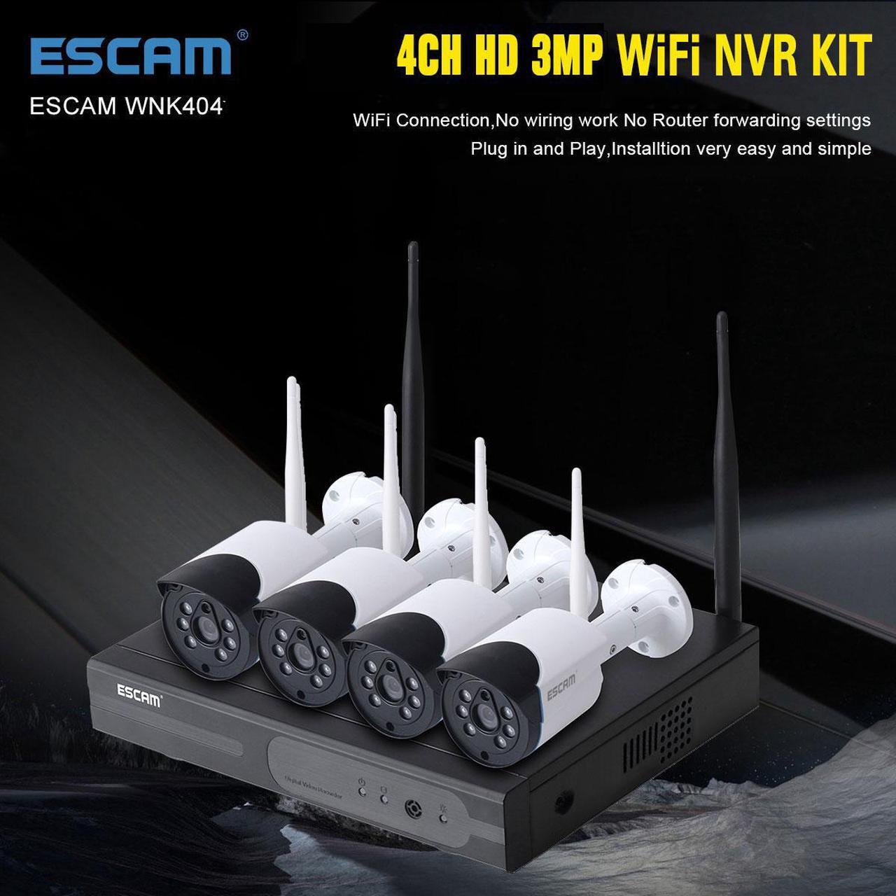 Main image of ESCAM WNK404 4CH Wifi NVR Security Surveillance System Kit,4pcs 3MP Wireless WiFi IP Camera, wifi 50m Automatch plug in and play, Home Outdoor cctv security camera system IR Night Vision,Alarm push