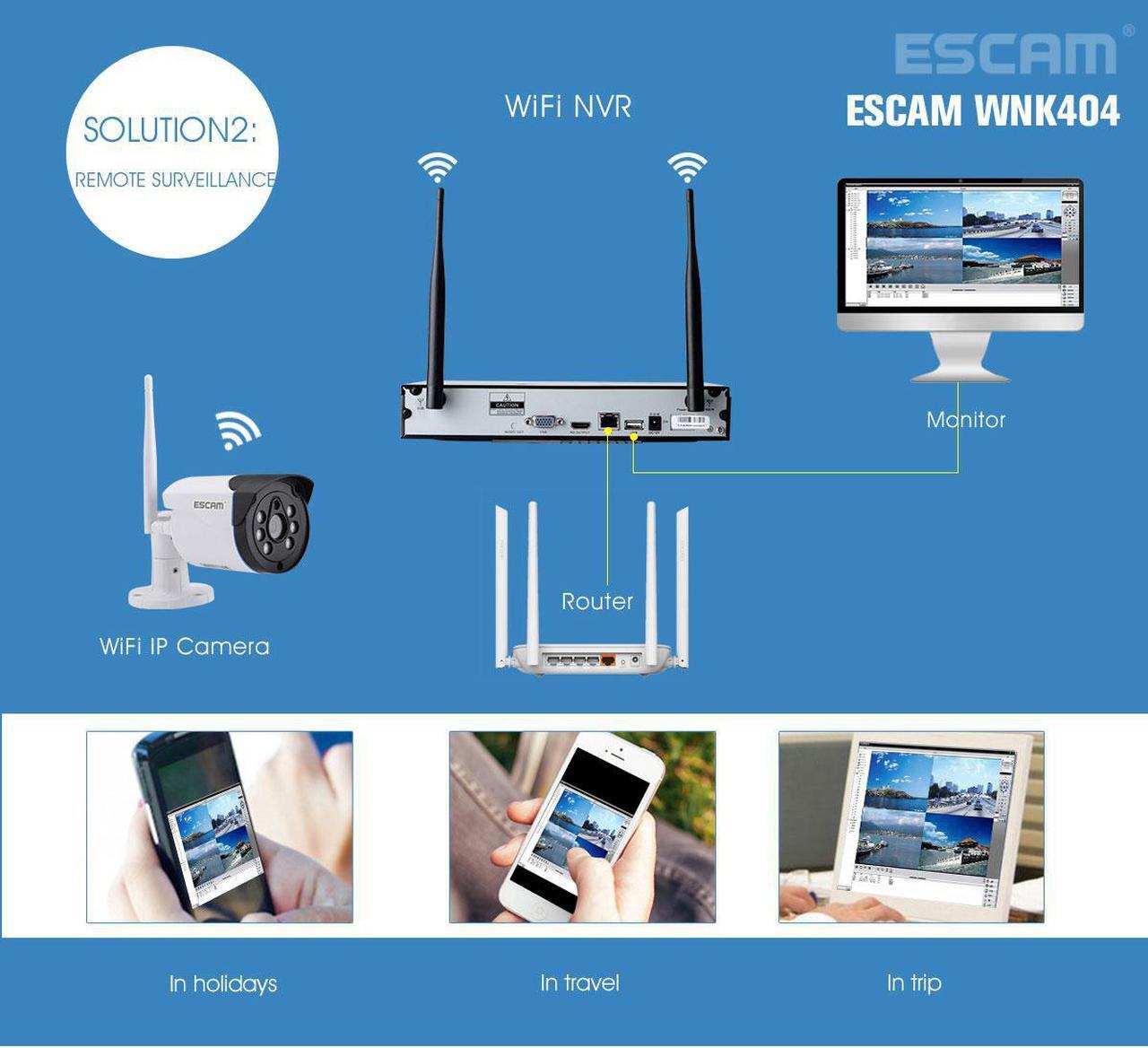 Alt view image 4 of 7 - ESCAM WNK404 4CH Wifi NVR Security Surveillance System Kit,4pcs 3MP Wireless WiFi IP Camera, wifi 50m Automatch plug in and play, Home Outdoor cctv security camera system IR Night Vision,Alarm push