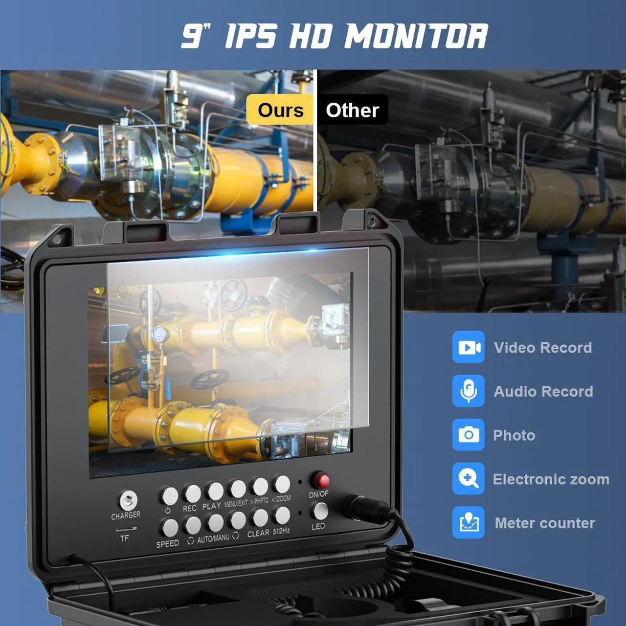 Alt view image 2 of 7 - VisiPower 9in Ultra HD  DVR Distance Counter Sewer Pipe Inspection 17mm Pipe Video ,Drain Industrial Endoscope Cable Length 20m/65ft Camera