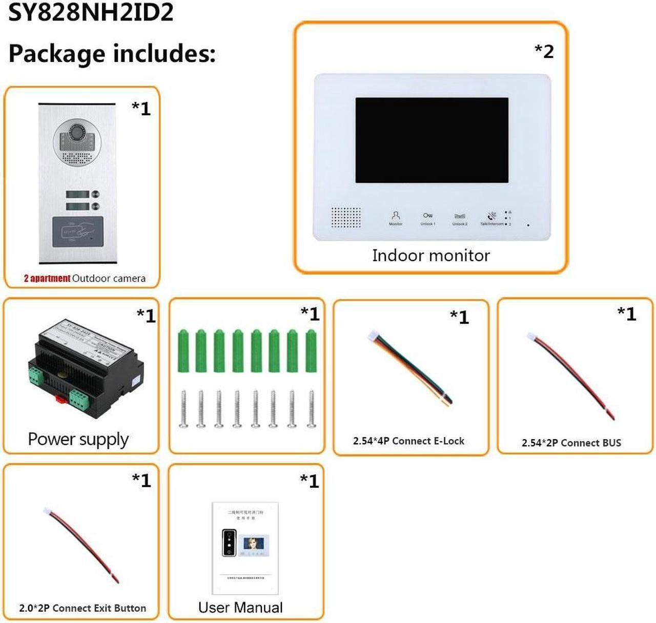 Alt view image 2 of 7 - 2 Units Apartment 2pin Wire Video Door Phone Visual Intercom Doorbell with 2x 7in TFT LCD Screen Monitor, RFID unlock Doorbell Intercom System with 1 Night Vision Door bell, 1 Doorbell + 2 Monitor