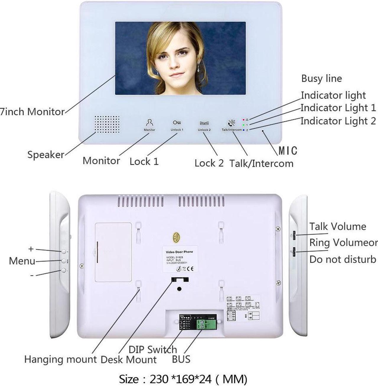 Alt view image 3 of 7 - 2 Units Apartment 2pin Wire Video Door Phone Visual Intercom Doorbell with 2x 7in TFT LCD Screen Monitor, RFID unlock Doorbell Intercom System with 1 Night Vision Door bell, 1 Doorbell + 2 Monitor