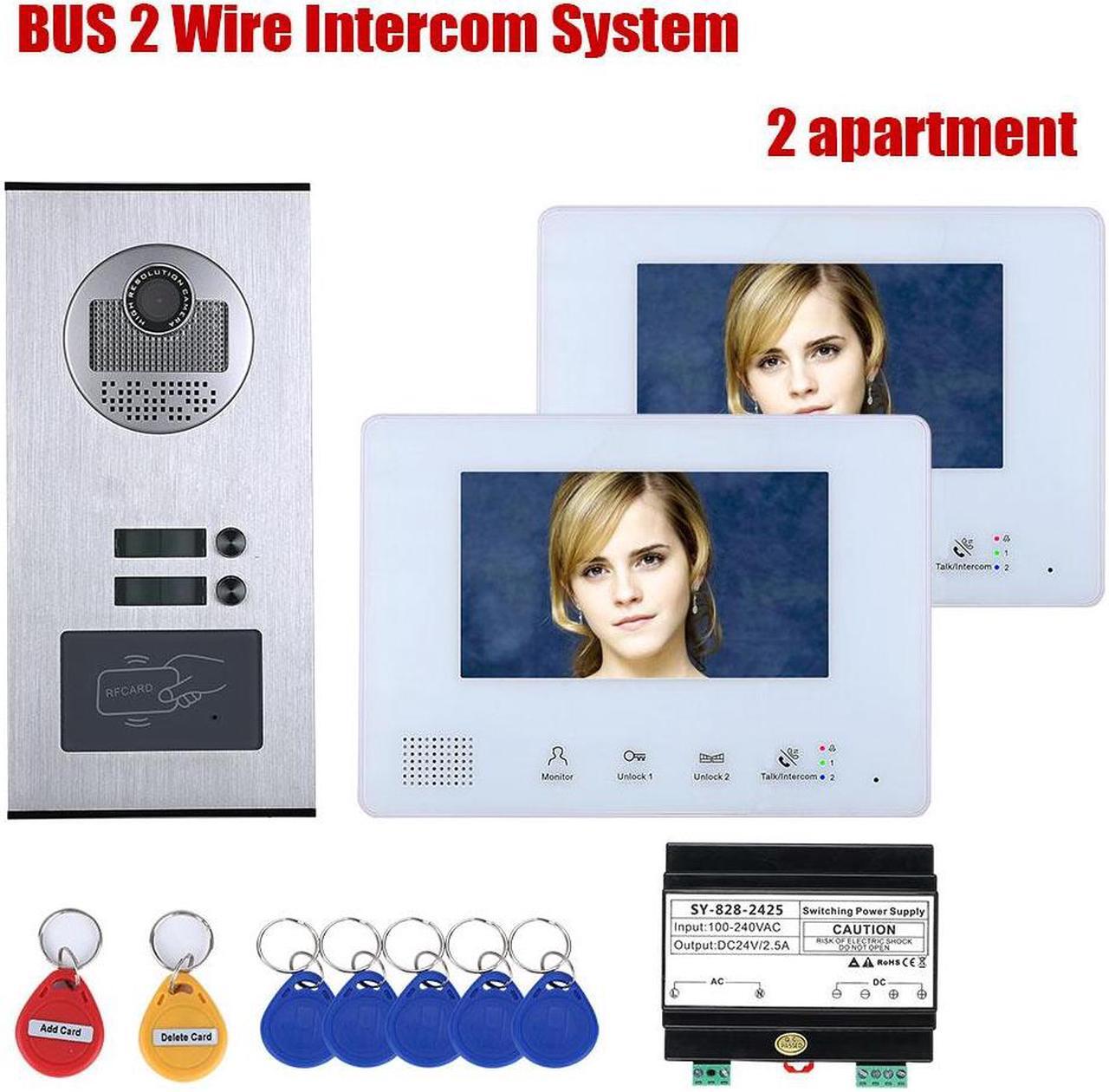 Main image of 2 Units Apartment 2pin Wire Video Door Phone Visual Intercom Doorbell with 2x 7in TFT LCD Screen Monitor, RFID unlock Doorbell Intercom System with 1 Night Vision Door bell, 1 Doorbell + 2 Monitor