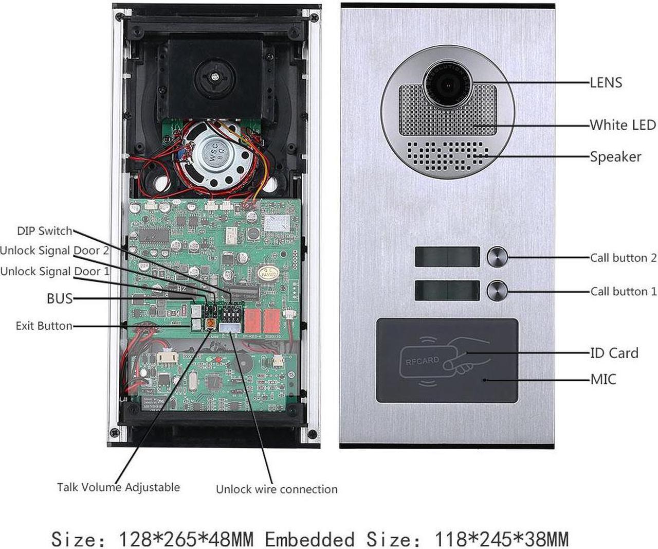 Alt view image 6 of 7 - 2 Units Apartment 2pin Wire Video Door Phone Visual Intercom Doorbell with 2x 7in TFT LCD Screen Monitor, RFID unlock Doorbell Intercom System with 1 Night Vision Door bell, 1 Doorbell + 2 Monitor