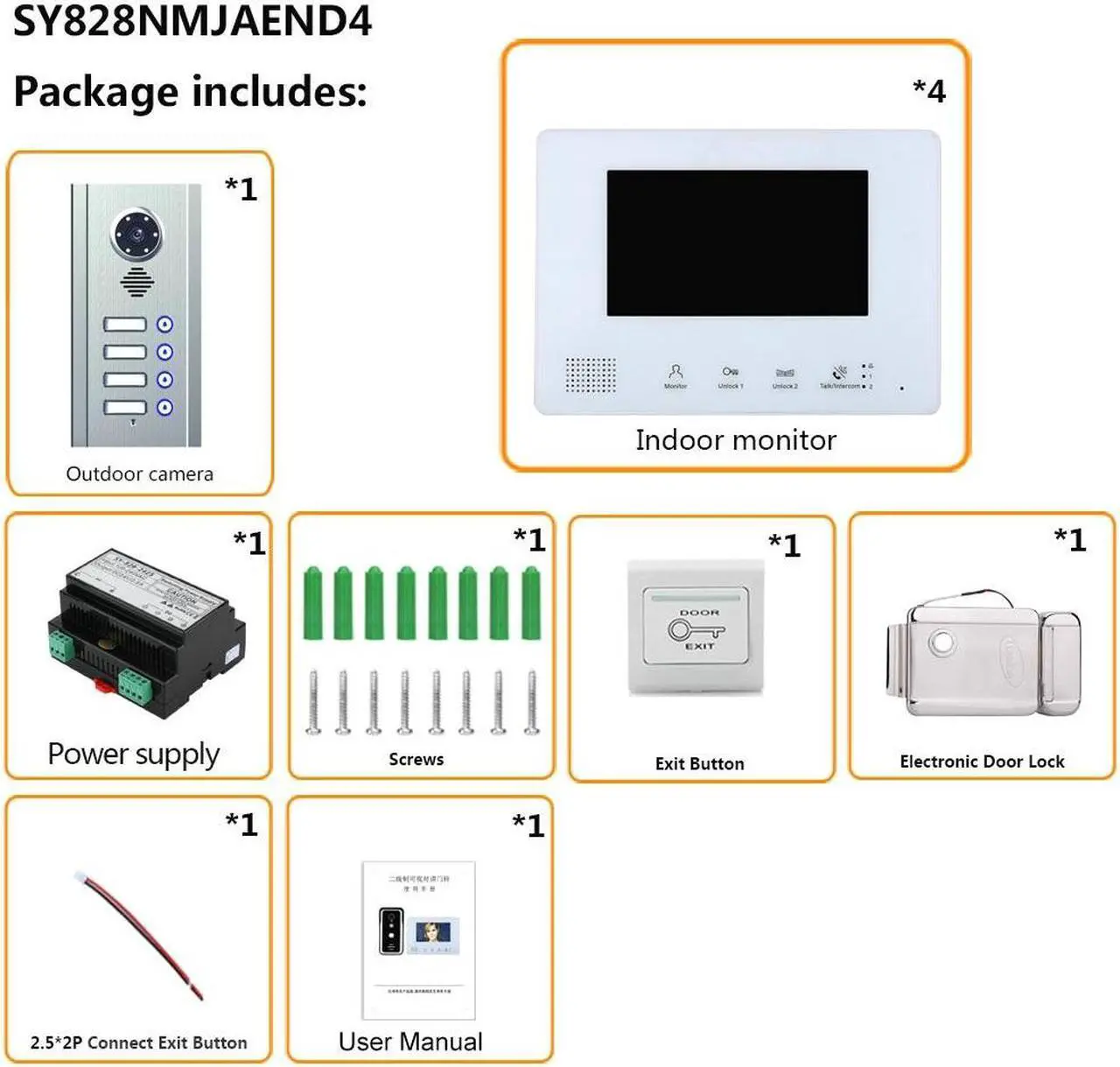 Alt view image 7 of 7 - 7inch TFT LCD Indoor Screen Monitor 2pin Wired Video Door Phone Visual Intercom Systems Doorbell Kit for Villa home 1 Units Apartment Door Bell + Elec NO Lock + Exit Switch, 1 Doorbell + 1 Monitor