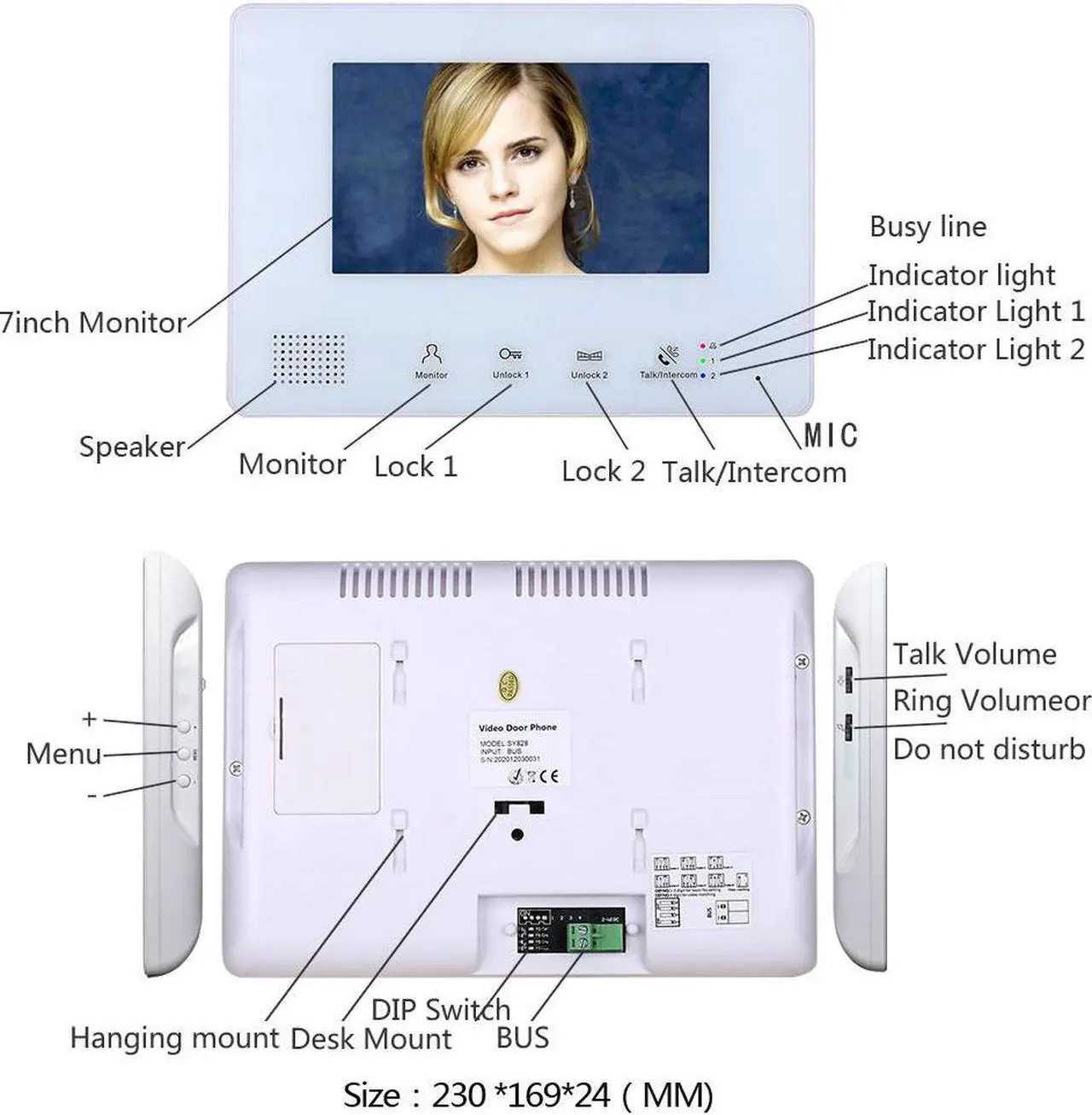 Alt view image 2 of 7 - 7inch TFT LCD Indoor Screen Monitor 2pin Wired Video Door Phone Visual Intercom Systems Doorbell Kit for Villa home 1 Units Apartment Door Bell + Elec NO Lock + Exit Switch, 1 Doorbell + 1 Monitor