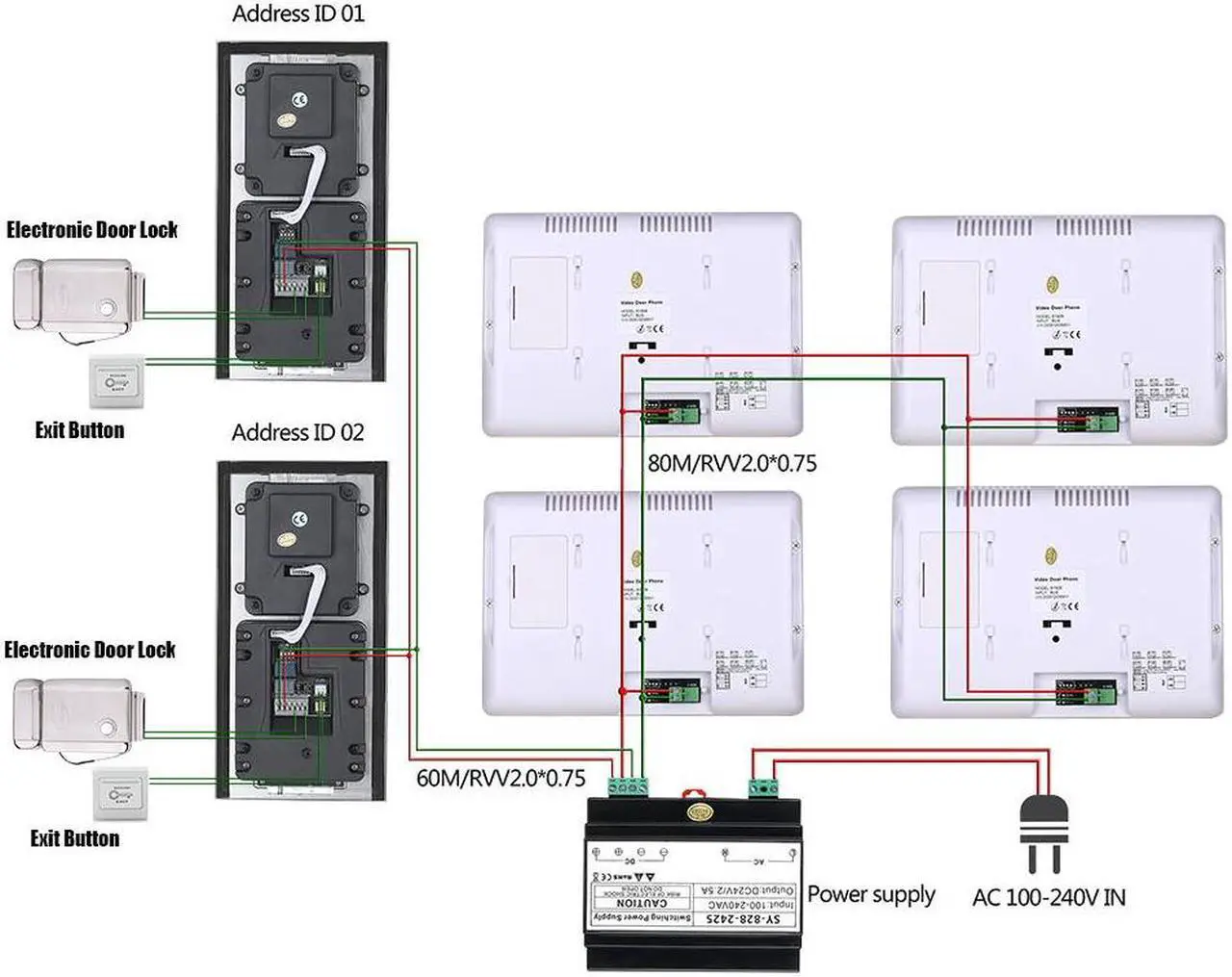 Alt view image 4 of 7 - 7inch TFT LCD Indoor Screen Monitor 2pin Wired Video Door Phone Visual Intercom Systems Doorbell Kit for Villa home 1 Units Apartment Door Bell + Elec NO Lock + Exit Switch, 1 Doorbell + 1 Monitor