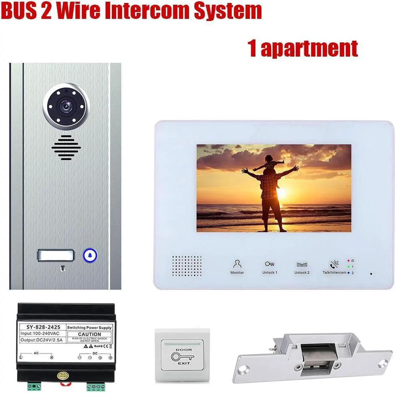 Main image of 7inch TFT LCD Indoor Screen Monitor 2pin Wired Video Door Phone Visual Intercom Systems Doorbell Kit for Villa home 1 Units Apartment Door Bell + Elec NO Lock + Exit Switch, 1 Doorbell + 1 Monitor