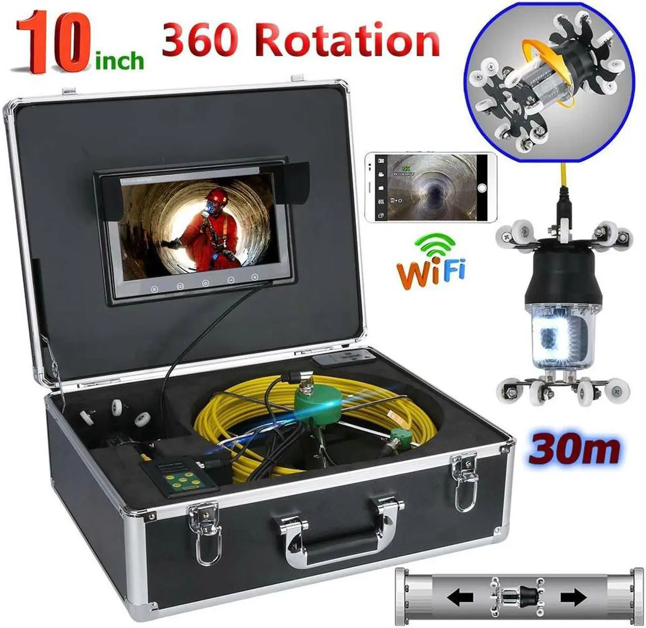 Main image of Wifi Sewer Drain Pipe Pipeline Inspection Industrial Endoscope 360° Rotating Camera 10" Screen + battery home Blocked draining plumbing Industrial Endoscope Waterproof IP68, Cable length 30m/98ft