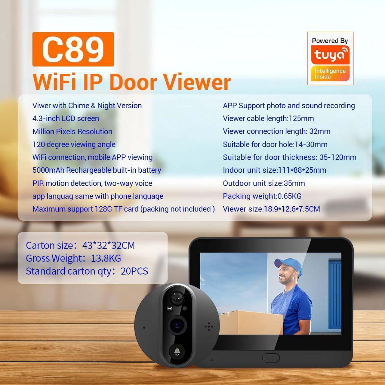 Main image of VisiPower 2MP 1080P Smart digital door viewer WIFI Doorbell 4.3 inch screen Support TUYA APP Wide Angle PIR motion detection with Night Vision filming with Sound Video Doorbell Camera