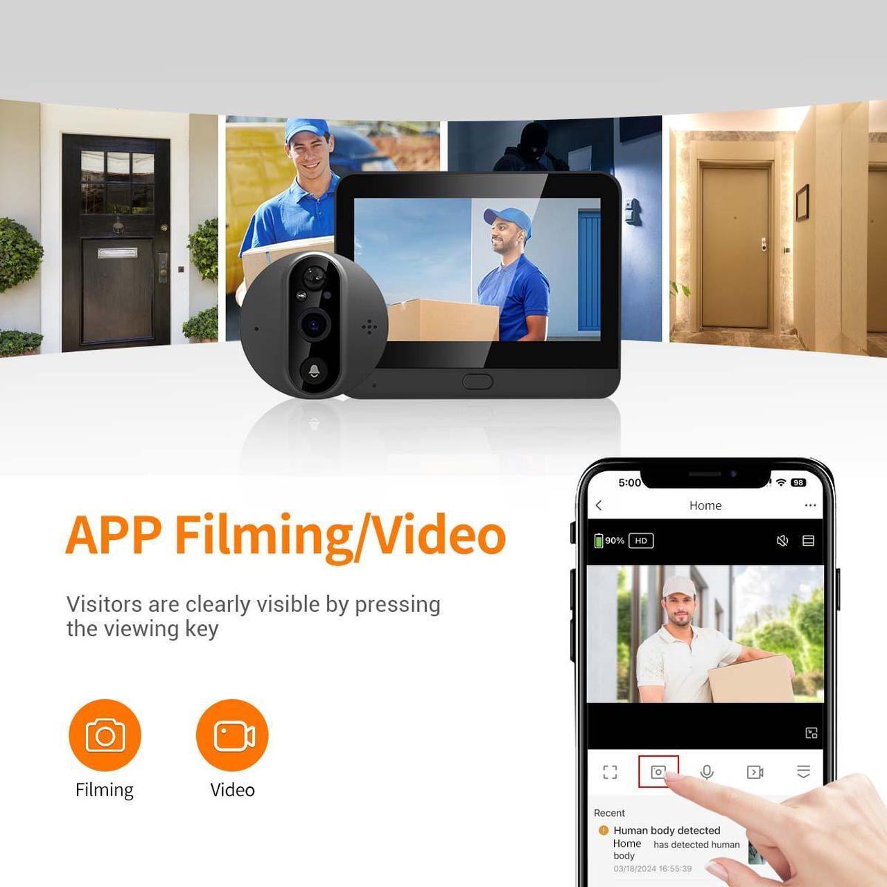 Alt view image 3 of 7 - VisiPower 2MP 1080P Smart digital door viewer WIFI Doorbell 4.3 inch screen Support TUYA APP Wide Angle PIR motion detection with Night Vision filming with Sound Video Doorbell Camera