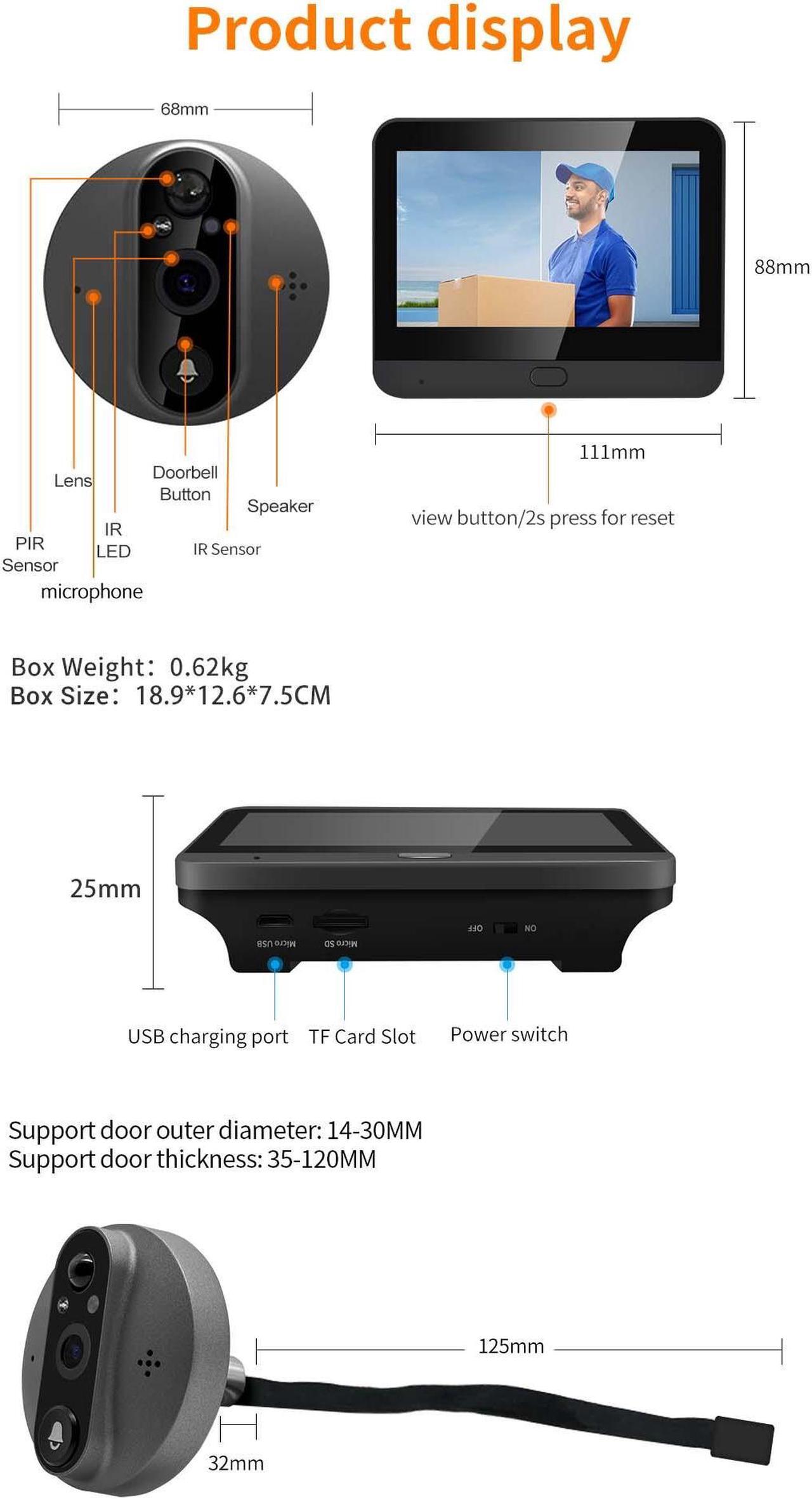 Alt view image 6 of 7 - VisiPower 2MP 1080P Smart digital door viewer WIFI Doorbell 4.3 inch screen Support TUYA APP Wide Angle PIR motion detection with Night Vision filming with Sound Video Doorbell Camera