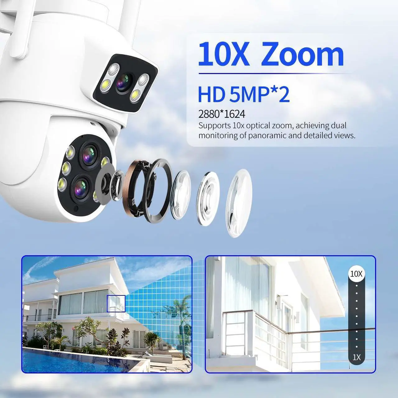 Alt view image 2 of 7 - VisiPower ESCAM QF500 5+5MP Binocular WiFi IP Camera  Dual lens Dual perspectives Pan/Tilt/Zoom ZOOMx10 humanoid detection Cloud Storage Waterproof outdoor Two Way Audio Night Vision Security Camera