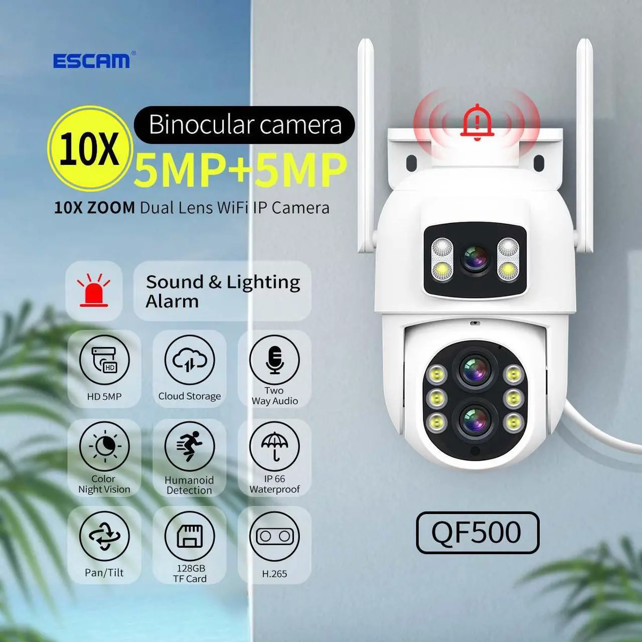 Main image of VisiPower ESCAM QF500 5+5MP Binocular WiFi IP Camera  Dual lens Dual perspectives Pan/Tilt/Zoom ZOOMx10 humanoid detection Cloud Storage Waterproof outdoor Two Way Audio Night Vision Security Camera