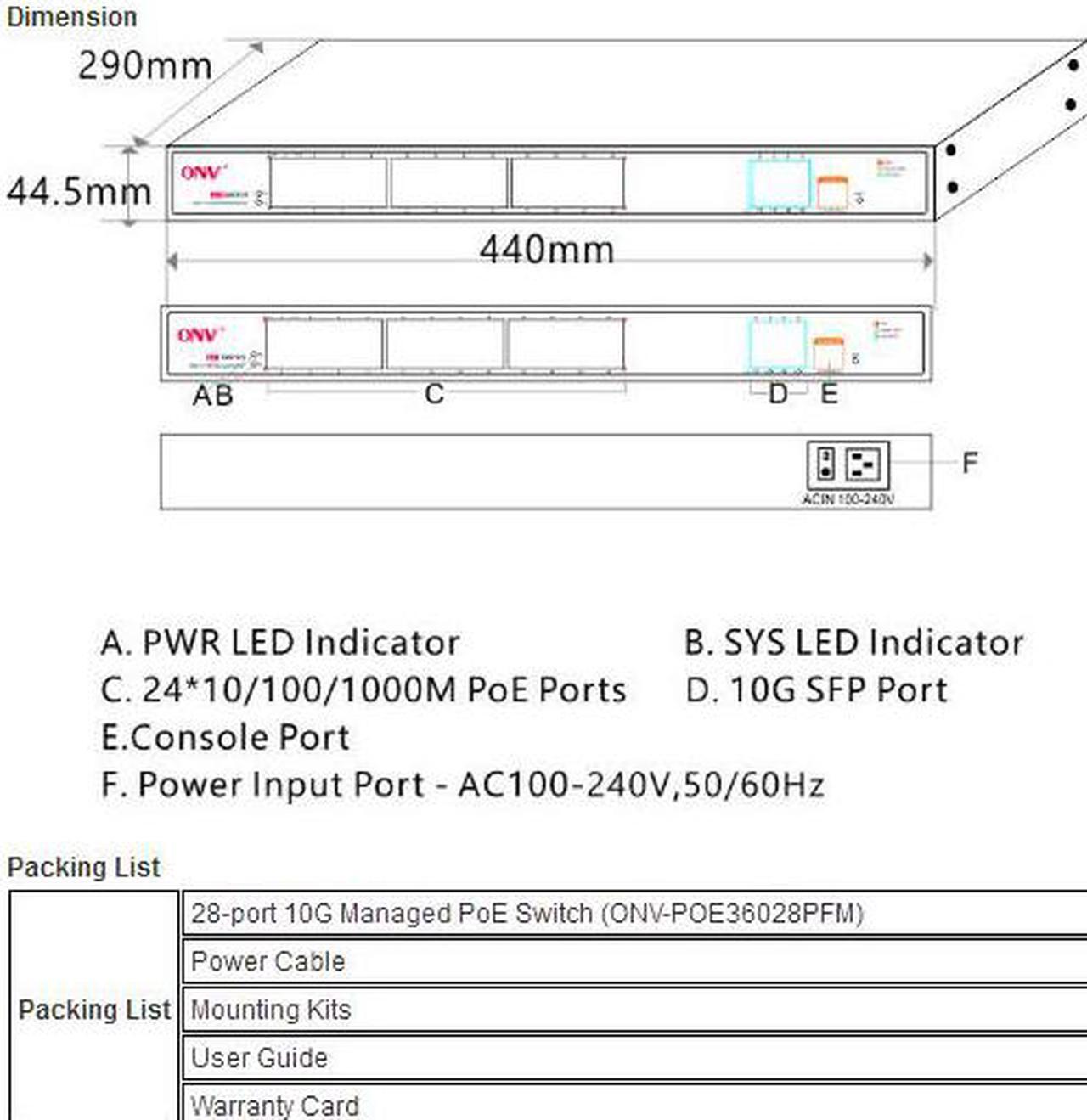 Alt view image 5 of 5 - ONV-POE36028PFM 24*10/100/1000M PoE RJ45 ports + 4*10G SFP+ ports compliant with both IEEE 802.3af/at standard POE Switch