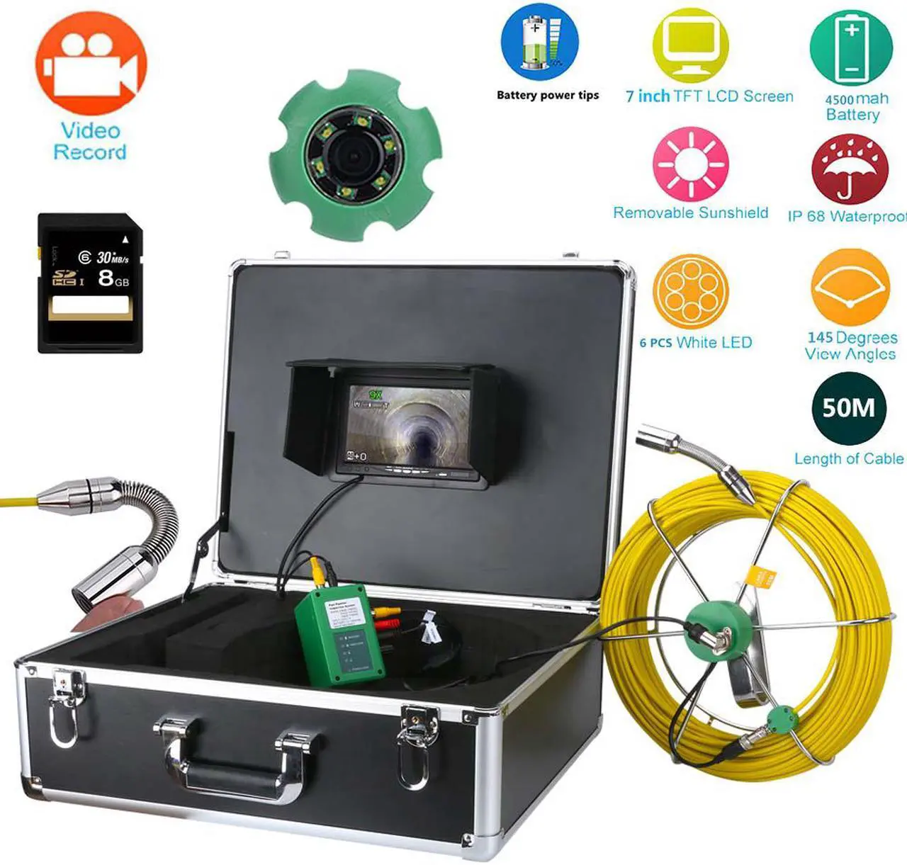 Main image of VisiPower 50M IP68 Waterproof Drain Pipe Sewer Inspection Camera System 7"LCD DVR 1000TVL Camera with 6W LED Lights 8GB SD Card