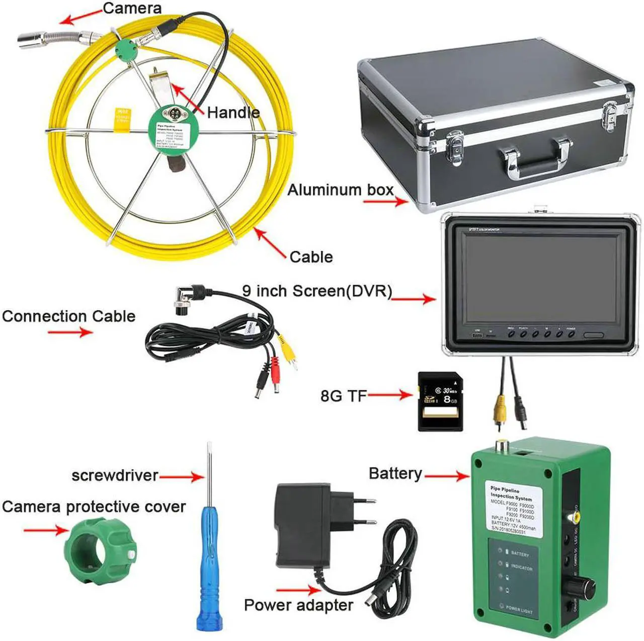 Alt view image 4 of 7 - 50M IP68 Waterproof Drain Pipe Sewer Inspection Camera System 9"LCD DVR 1000TVL Camera with 6W LED Lights 8GB TF Card