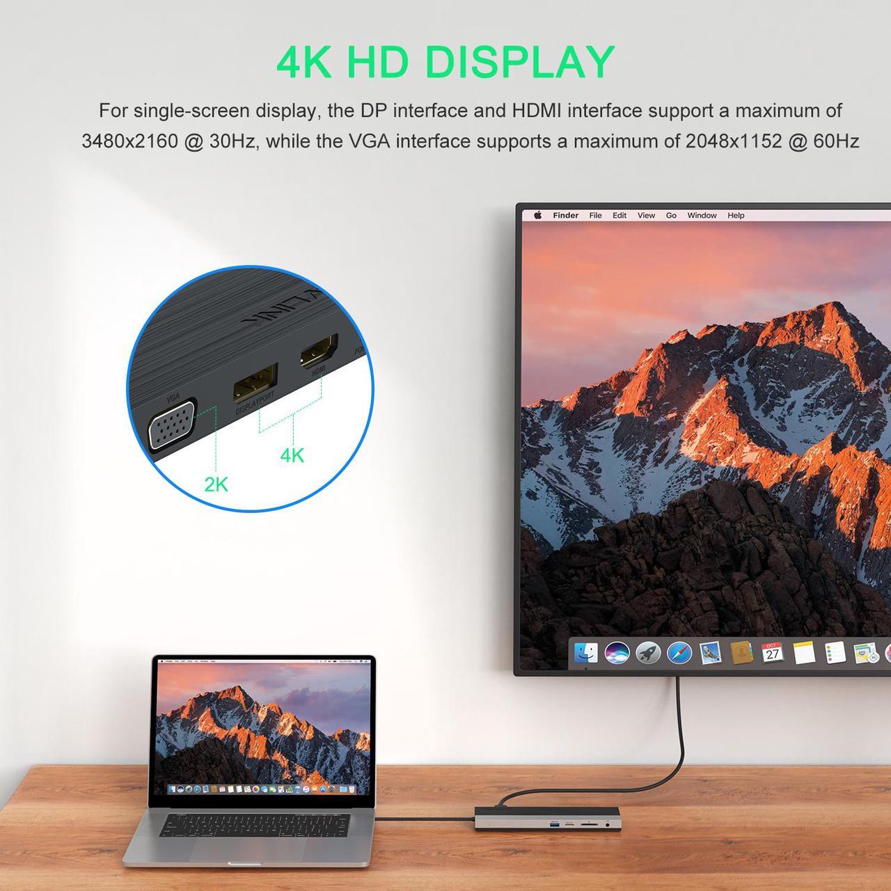 Alt view image 5 of 7 - Wavlink USB C Docking Station 4K Triple Display USB C Hub With DP& HDMI& VGA, 85W PC Charging, SD TF Card Reader, Gigabit Ethernet, 4 USB Ports, Audio for Dell XPS 13/15,Lenovo Yoga, MacBook Pro