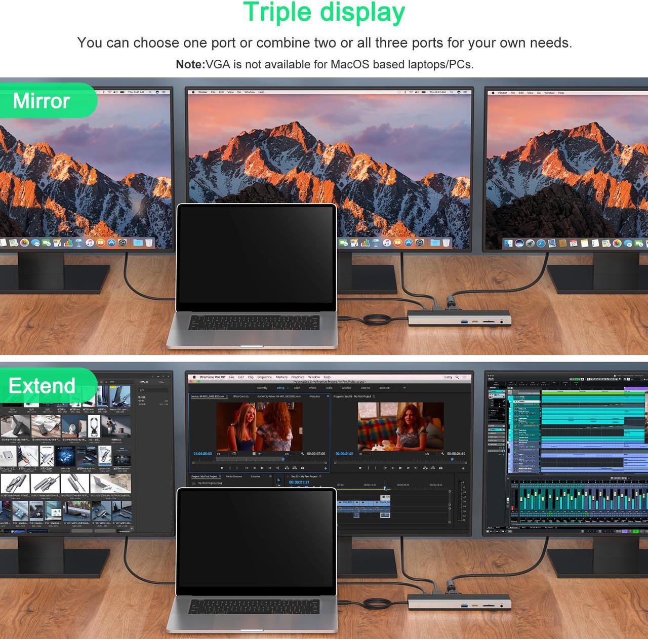 Alt view image 6 of 7 - Wavlink USB C Docking Station 4K Triple Display USB C Hub With DP& HDMI& VGA, 85W PC Charging, SD TF Card Reader, Gigabit Ethernet, 4 USB Ports, Audio for Dell XPS 13/15,Lenovo Yoga, MacBook Pro