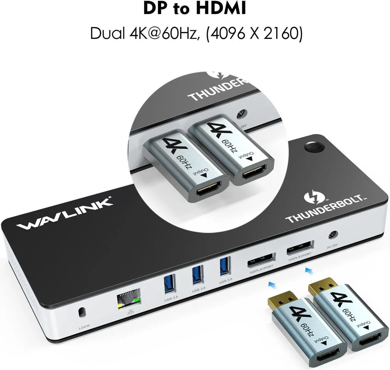 Alt view image 7 of 7 - Wavlink Thunderbolt 3 USB-C 8K Docking Station Dual 4K Docking Station 60W Charging Dual DisplayPort 1.4 USB-C 3.1, 2xUSB 3.1, 2xUSB 3.0, Gigabit Ethernet, Audio, 2xDP to HDMI Adapter for Mac&Windows
