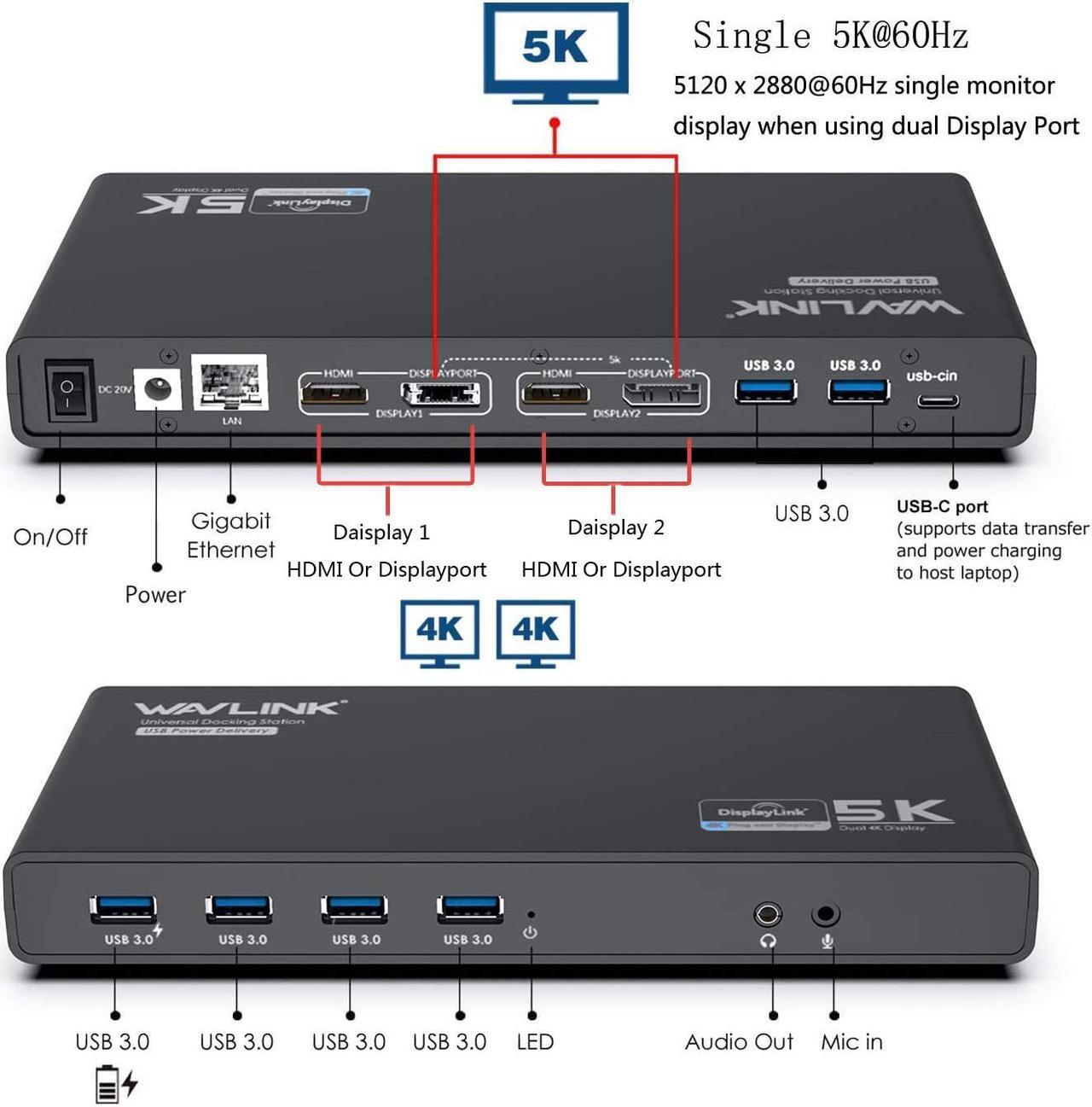 Alt view image 2 of 7 - WAVLINK Universal USB C Laptop Docking Station Dual Monitors with 65W Charging Dual 4K@60Hz/Single 5K@60Hz for Windows, Mac OS, Chrome OS, Android 5.0 Later (2 HDMI & 2 DP, 5 USB 3.0 A&C, LAN, Audio)