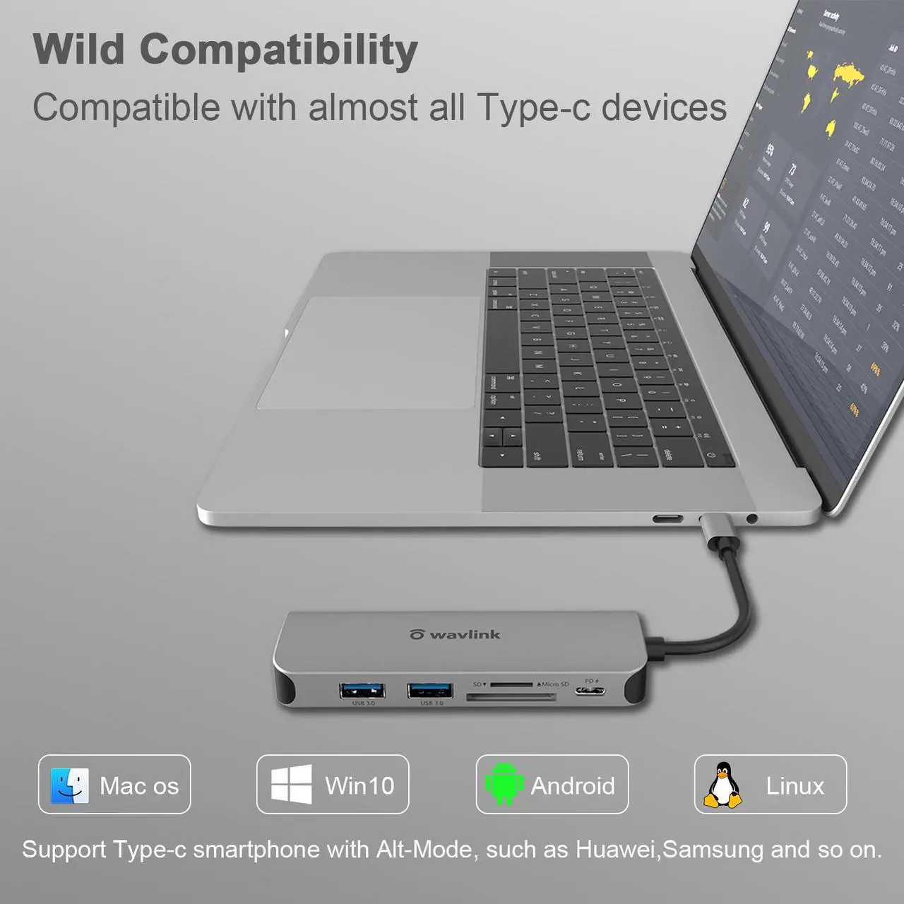 Alt view image 4 of 6 - Wavlink USB C Hub, 6-Port USB 3.0 Hub Powered 65W Charging, Mini USB C Hub 3.0 for Laptop with 10.5cm Cable, 2xUSB 3.0, 1xUSB C, 1xHDMI, 1xSD/TF Card Reader, for Mac, Windows, Android, Linux