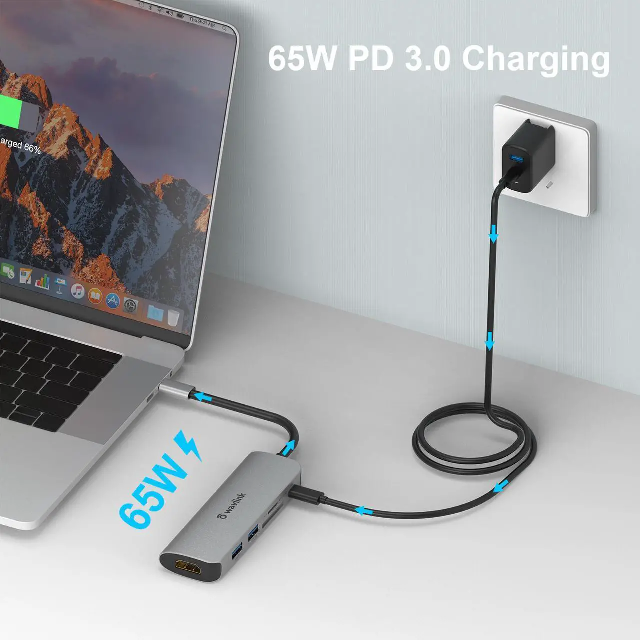 Alt view image 3 of 6 - Wavlink USB C Hub, 6-Port USB 3.0 Hub Powered 65W Charging, Mini USB C Hub 3.0 for Laptop with 10.5cm Cable, 2xUSB 3.0, 1xUSB C, 1xHDMI, 1xSD/TF Card Reader, for Mac, Windows, Android, Linux