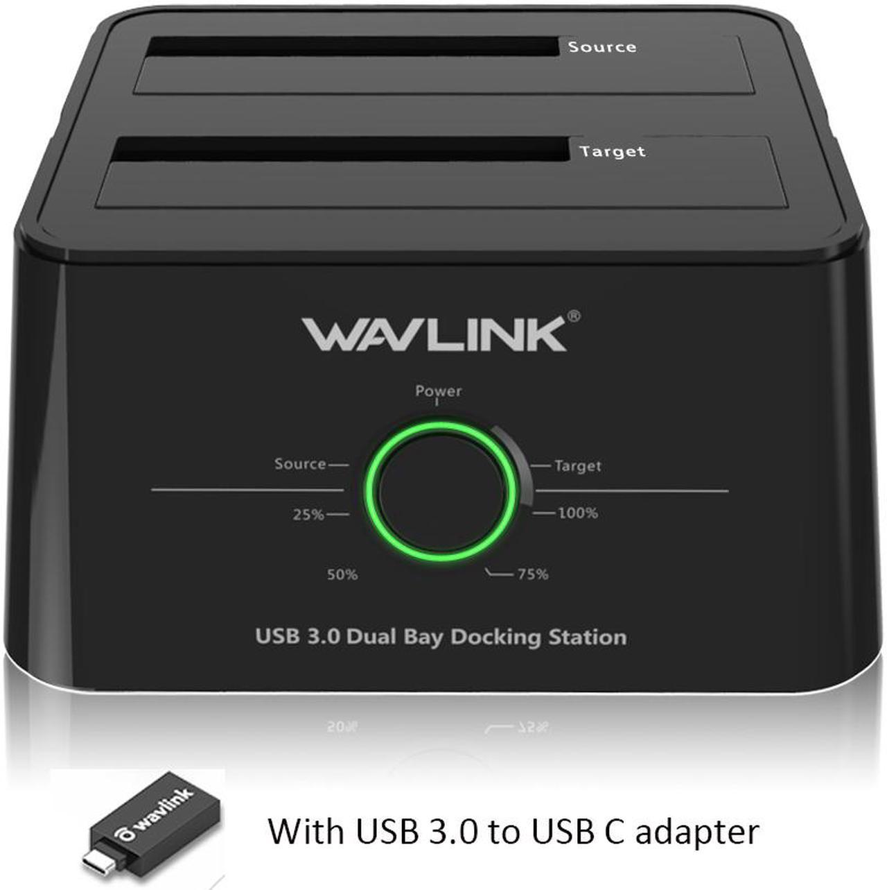 Wavlink USB 3.0 Dual Bay HDD/SSD Docking Station with UASP (6Gbps) for All SATA 2.5" 3.5" Hard Disk Offline Clone + One Button Backup Multitask External Storage Enclosure With USB3.0 to USB C Adapter