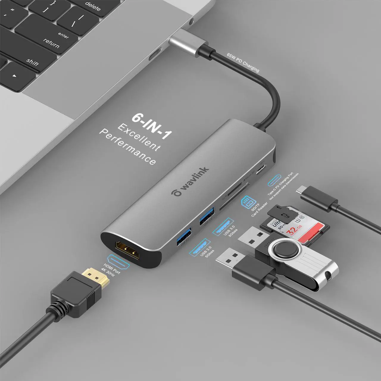 Alt view image 2 of 6 - Wavlink USB C Hub, 6-Port USB 3.0 Hub Powered 65W Charging, Mini USB C Hub 3.0 for Laptop with 10.5cm Cable, 2xUSB 3.0, 1xUSB C, 1xHDMI, 1xSD/TF Card Reader, for Mac, Windows, Android, Linux