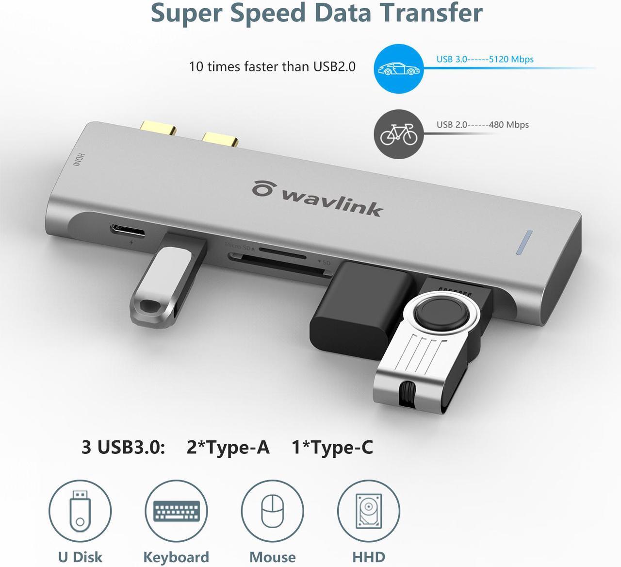 Alt view image 6 of 7 - Wavlink USB C Hub, Type C Adapter Mini Docking Station with 4K HDMI Port, 2 USB 3.0, TF/SD Card Reader, USB-C PD3.0 100W  and Thunderbolt 3, LED indicator For MacBook Pro for MacBook Pro/Air