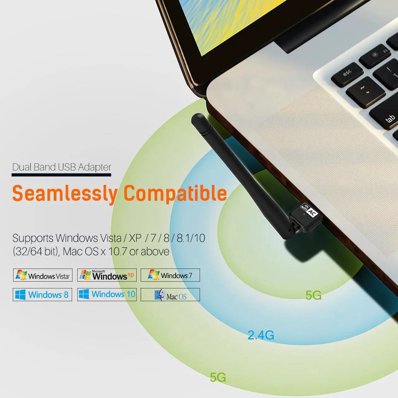 Alt view image 4 of 6 - Wavlink AC600 USB Wireless Adapter, 600Mbps Dual Band WiFi Dongle, 802.11ac High Gain 3dbi Antenna Network Adapter, 2.4G/150Mbps + 5G/433Mbps for Laptop/Desktop Windows XP/Vista/7/8/8.1/10 (32/64bits)