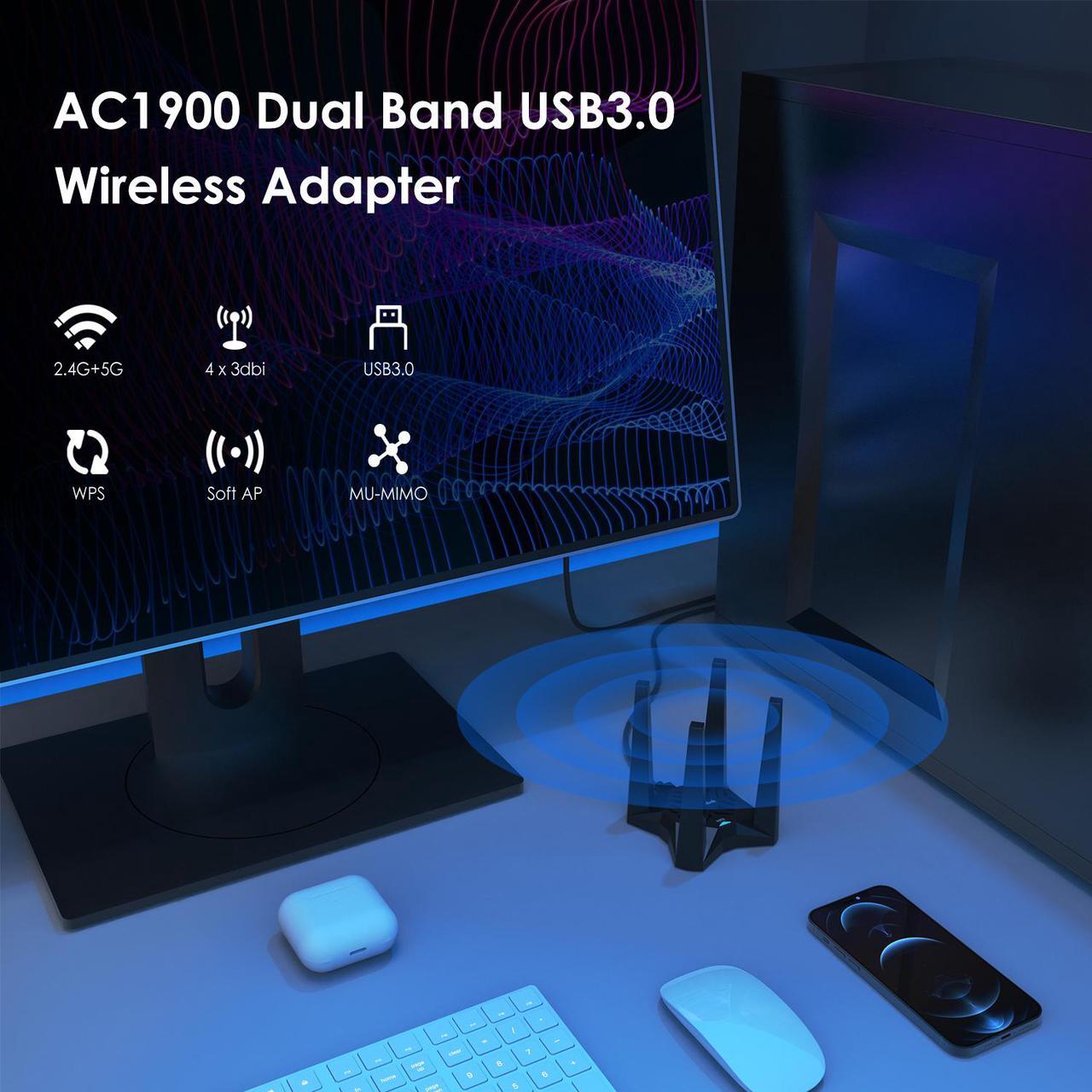 Alt view image 2 of 7 - Wavlink USB 3.0 WiFi Adapter For PC, AC1900Mbps Dual Band 2.4G/5G, 4X 3dBi High Gain Antennas Network Card, MU-MIMO, Magnetic Base for Desktop Laptop PC Support Windows 11/10/8.1/8/7/XP/Vista, Mac OS