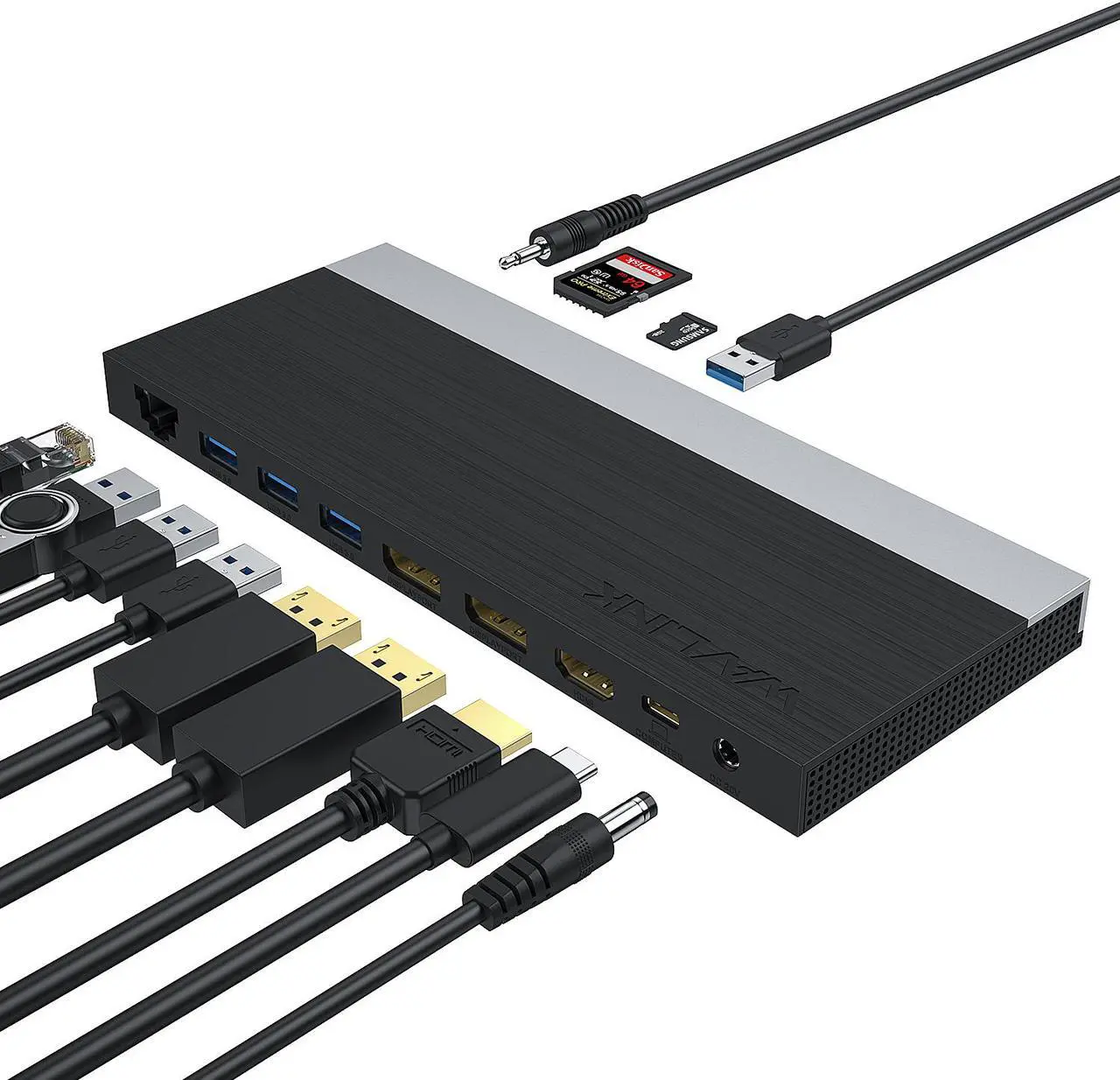 Main image of Wavlink USB-C Triple Display ( Dual DP + 1 HDMI) Docking Station with 65W Charging, USB C Gen 2 System, 2 Display Ports & HDMI, 4 USB 3.0, SD/TF Card Reader, Gigabit Ethernet) For MacBook Pro, Windows