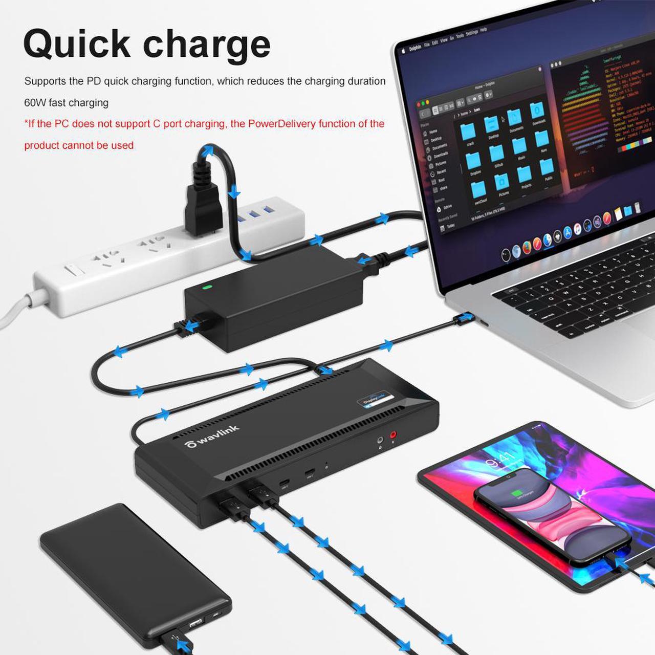 Alt view image 6 of 7 - Wavlink Universal USB C Laptop Docking Station Dual Monitor 5K/4K@60Hz with 65W Host Charging for Thunderbolt 4/3, USB-C Windows, Mac, Chrome, Ubuntu 20.04,22.04(2HDMI, 2DP, 6 USB 3.0, 1Gbps Ethernet