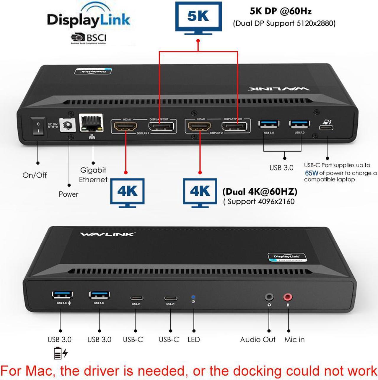 Alt view image 3 of 7 - Wavlink Universal USB C Laptop Docking Station Dual Monitor 5K/4K@60Hz with 65W Host Charging for Thunderbolt 4/3, USB-C Windows, Mac, Chrome, Ubuntu 20.04,22.04(2HDMI, 2DP, 6 USB 3.0, 1Gbps Ethernet