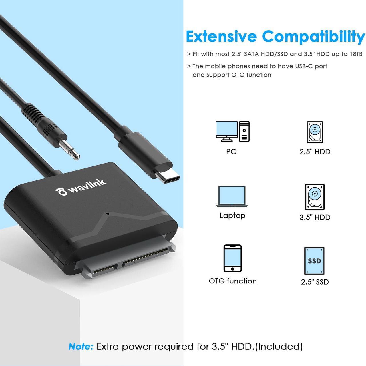 Alt view image 3 of 7 - Wavlink SATA III Cable Hard Drive Adapter-External Hard Drive Connector for 2.5" SSD/HDD and 3.5" HDD Data Transfer, Support UASP, TRIM and S.M.A.R.T, Auto-sleep Mode, with 12V Power Adapter, Max 18TB