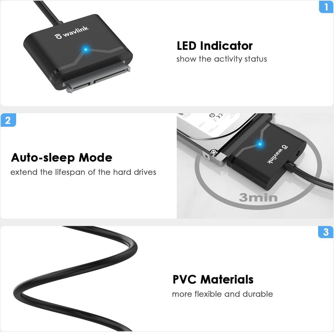 Alt view image 5 of 7 - Wavlink SATA III Cable Hard Drive Adapter-External Hard Drive Connector for 2.5" SSD/HDD and 3.5" HDD Data Transfer, Support UASP, TRIM and S.M.A.R.T, Auto-sleep Mode, with 12V Power Adapter, Max 18TB