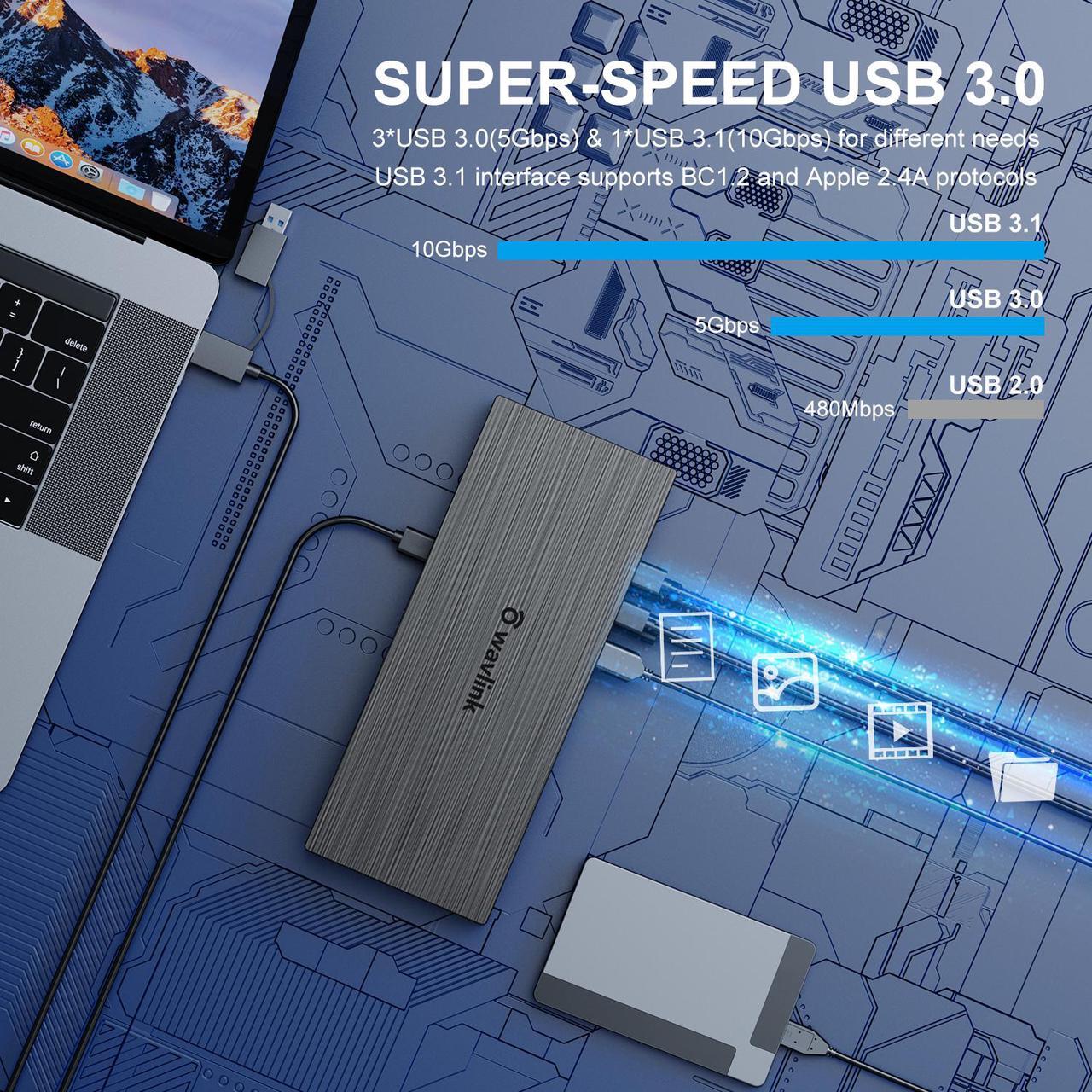 Alt view image 6 of 7 - Wavlink 5K Quadruple Display USB-C Universal Docking Station, USB-C 4 monitor Laptop docking station with 4 DP, 4 HDMI, 100W PD Charging, 2.5G Ethernet, 3 USB3.0, SD/TF, Audio/Mic, for MacBook/Windows