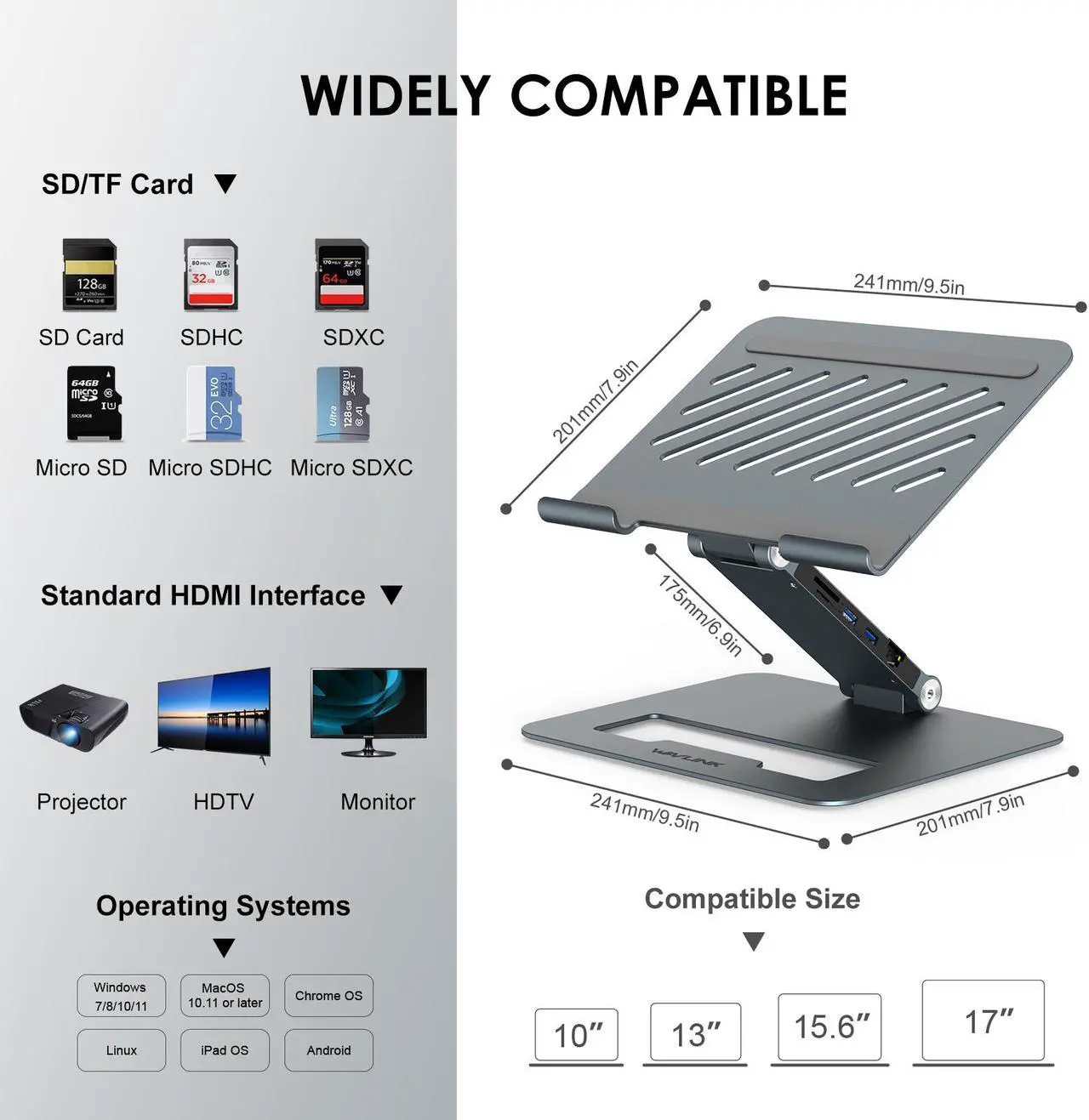 Alt view image 6 of 7 - Wavlink USB-C Laptop Docking Station with Aluminum Laptop Stand, 2 HDMI, PD3.0 (Max 85W) SD/TF Gigabit Ethernet 2 USB 3.0 Ports, Adjustable Ergonomic Computer Riser For MacBook & Windows
