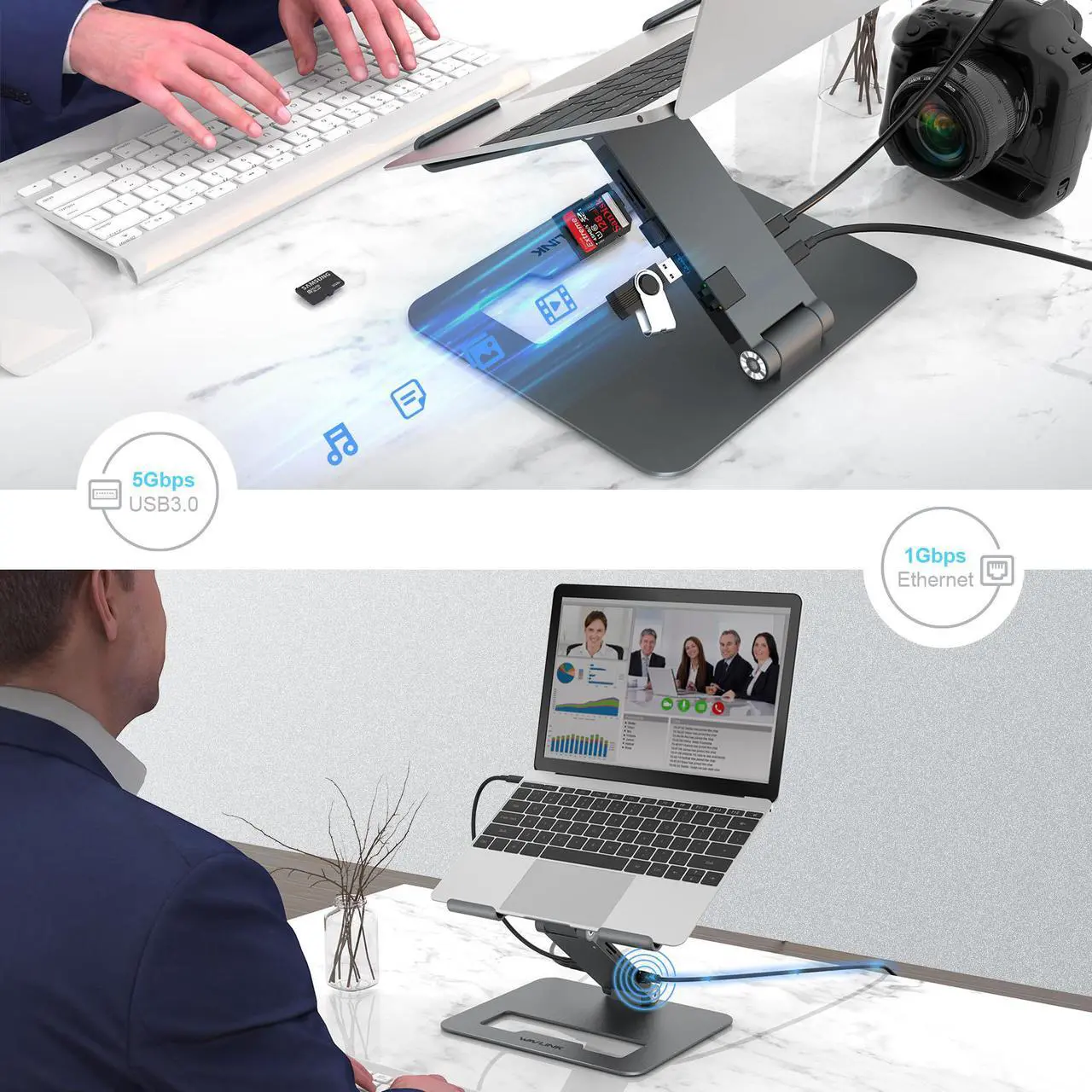 Alt view image 4 of 7 - Wavlink USB-C Laptop Docking Station with Aluminum Laptop Stand, 2 HDMI, PD3.0 (Max 85W) SD/TF Gigabit Ethernet 2 USB 3.0 Ports, Adjustable Ergonomic Computer Riser For MacBook & Windows