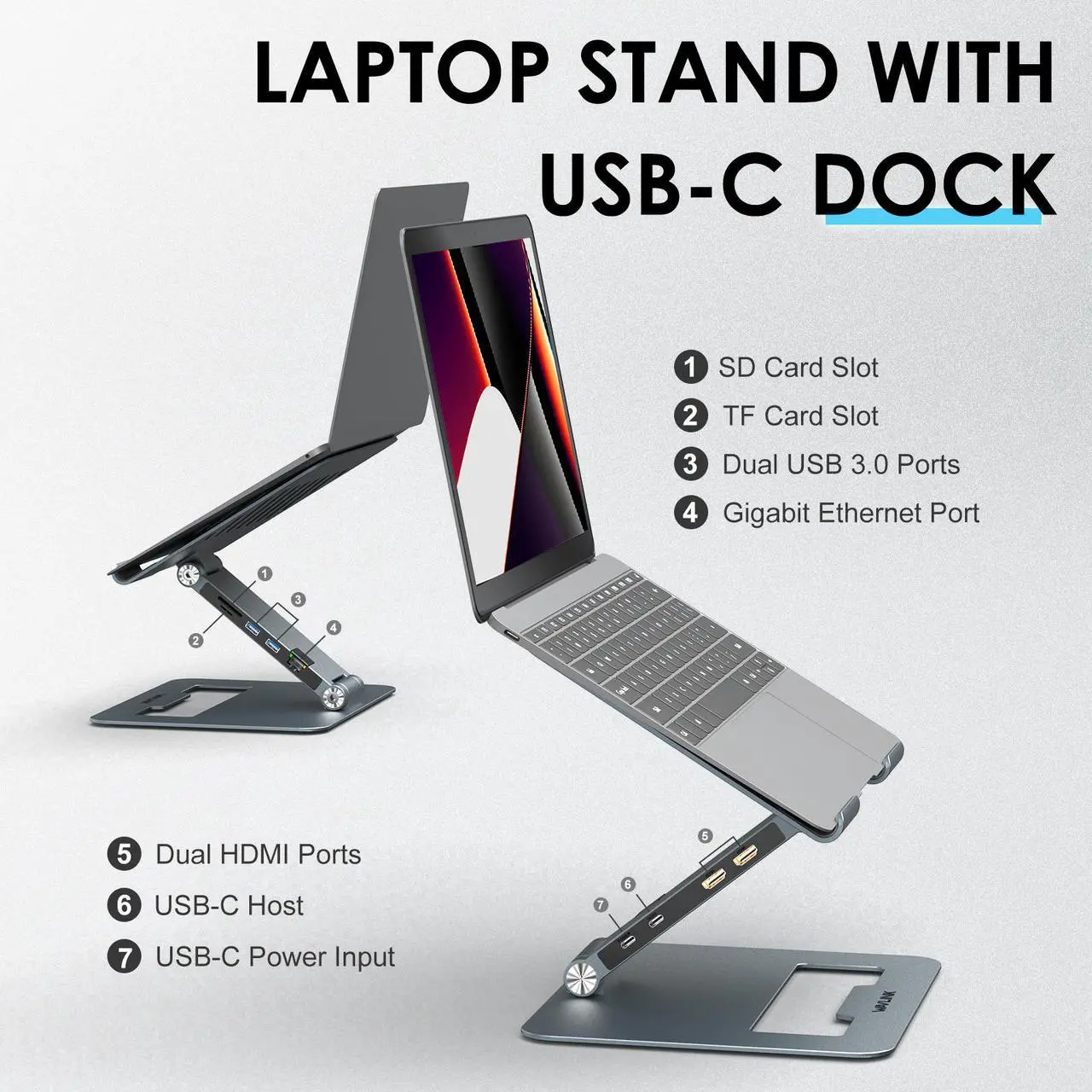 Alt view image 2 of 7 - Wavlink USB-C Laptop Docking Station with Aluminum Laptop Stand, 2 HDMI, PD3.0 (Max 85W) SD/TF Gigabit Ethernet 2 USB 3.0 Ports, Adjustable Ergonomic Computer Riser For MacBook & Windows