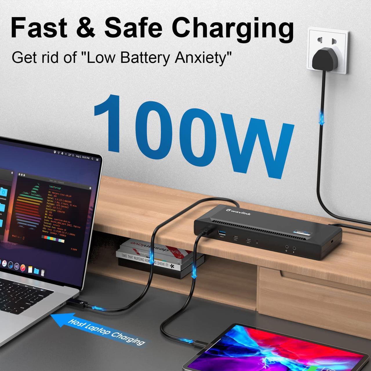 Alt view image 4 of 7 - Wavlink Universal USB C Laptop Docking Station with 100W Charging and Single 5K/Dual 4K@60Hz Display for Windows/MacOS/ChromeOS/Ubuntu ( 2xDP 1.2, 2xHDMI 2.0, Gigabit Ethernet, 6 USB 3.0, Audio/Mic)