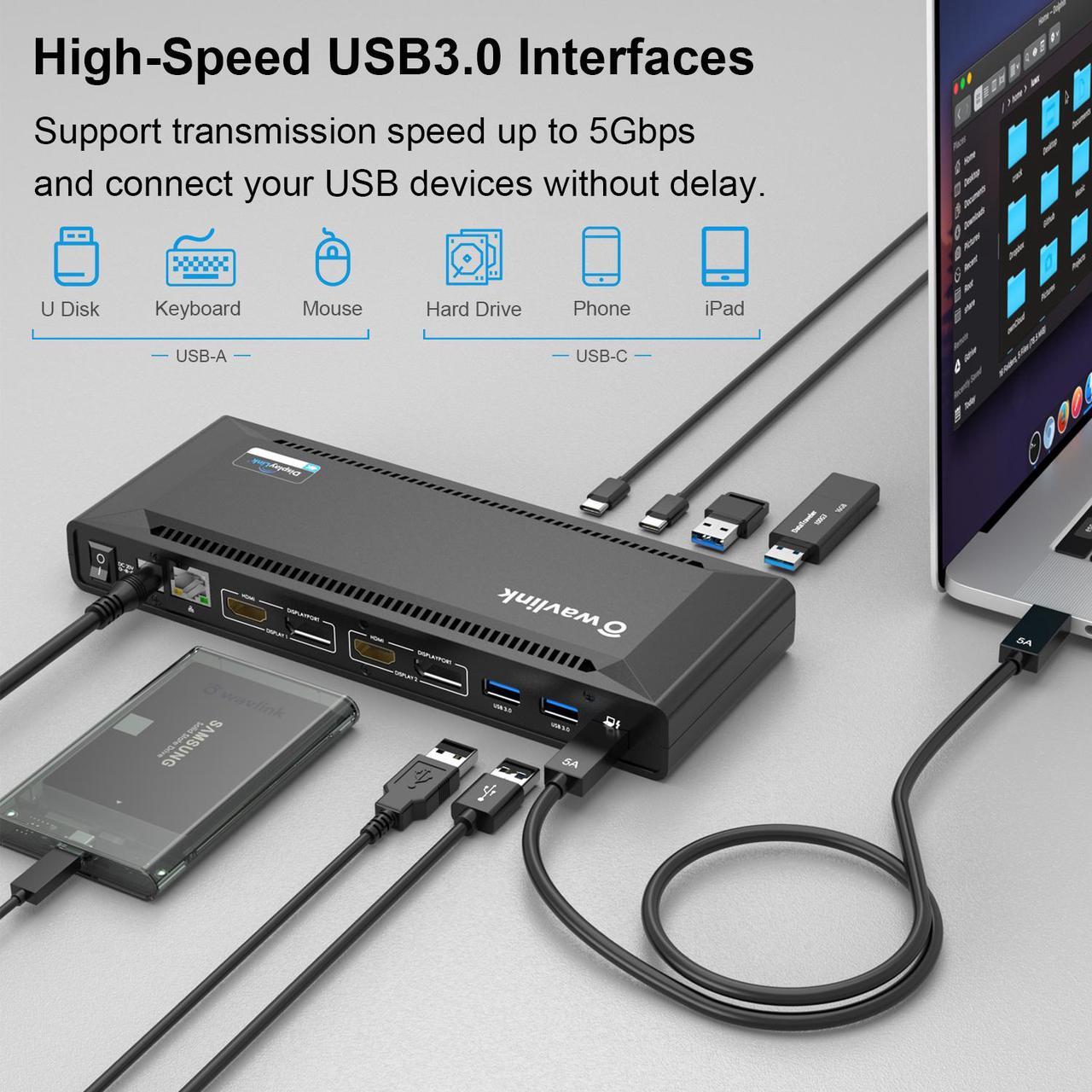 Alt view image 6 of 7 - Wavlink Universal USB C Laptop Docking Station with 100W Charging and Single 5K/Dual 4K@60Hz Display for Windows/MacOS/ChromeOS/Ubuntu ( 2xDP 1.2, 2xHDMI 2.0, Gigabit Ethernet, 6 USB 3.0, Audio/Mic)