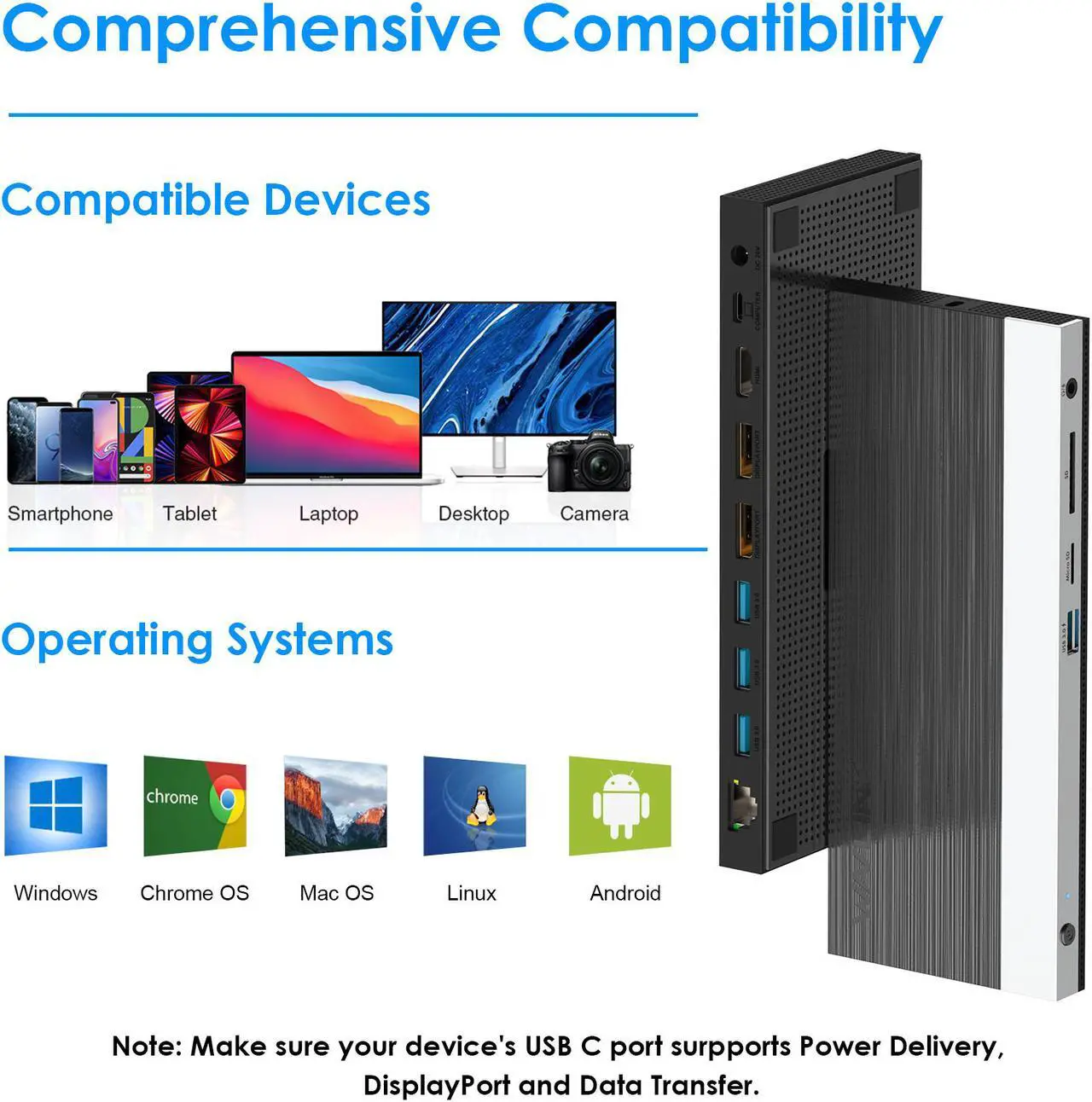 Alt view image 7 of 7 - WAVLINK USB C Laptop Docking Station Triple 4K Display With 65W PD Charging For PC, 2 DP & HDMI, 4 USB 3.0 &1 USB-C Ports, SD TF Card Reader, LAN, Audio for Windows/Mac