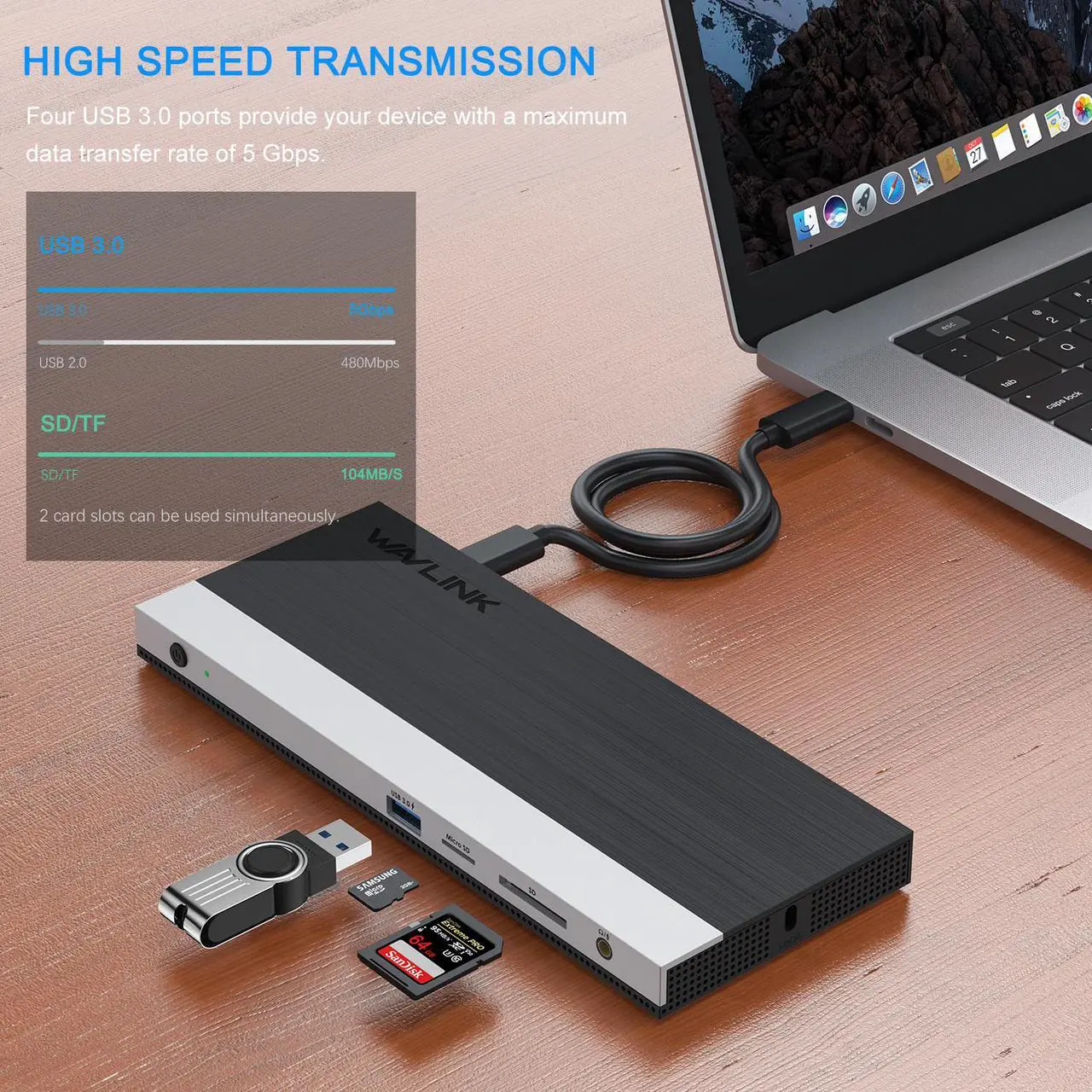 Alt view image 6 of 7 - WAVLINK USB C Laptop Docking Station Triple 4K Display With 65W PD Charging For PC, 2 DP & HDMI, 4 USB 3.0 &1 USB-C Ports, SD TF Card Reader, LAN, Audio for Windows/Mac