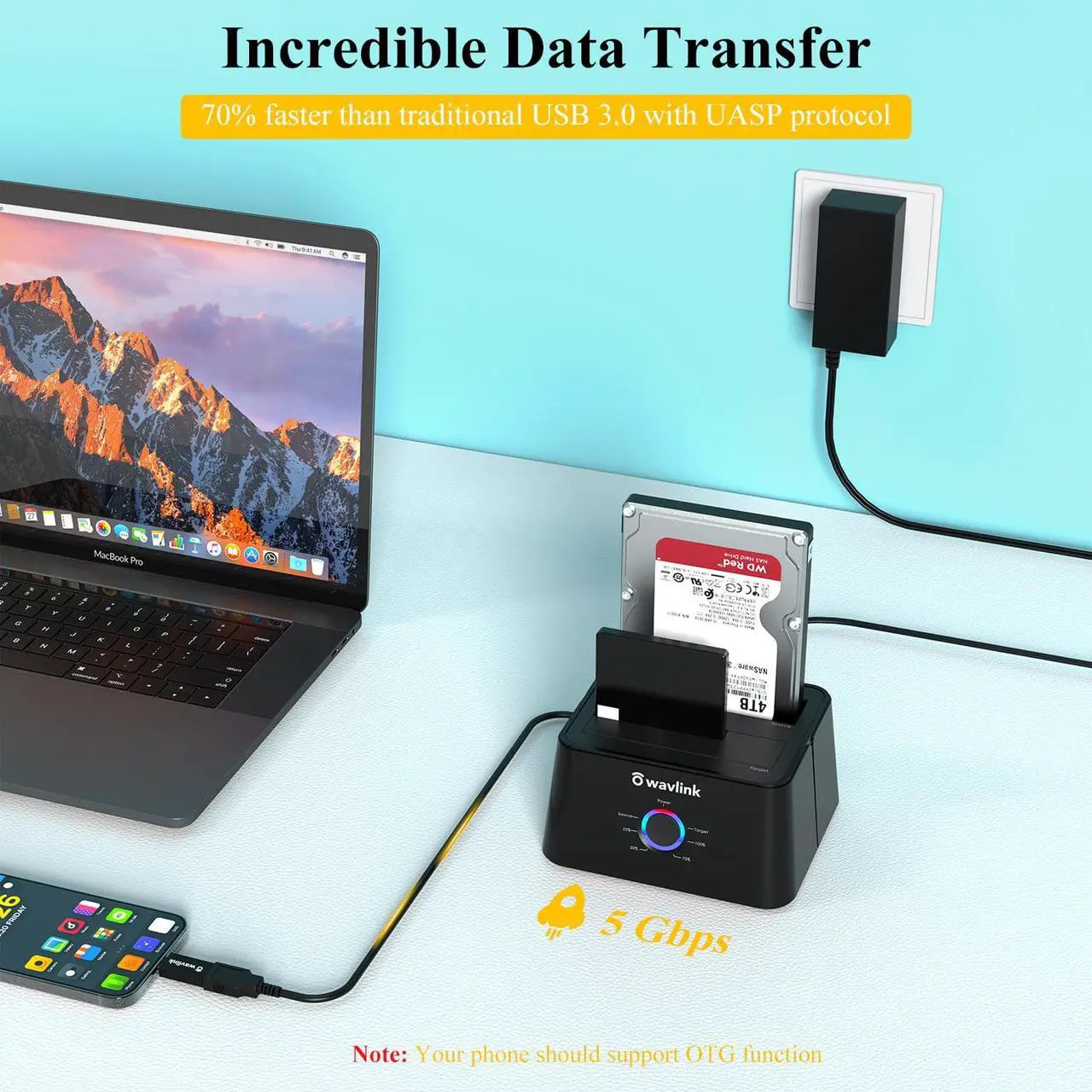 Alt view image 4 of 7 - Wavlink 12TB USB 3.0 Dual Bay External Hard Drive Docking Station Duplicator/Clone Functio for 2.5" 3.5" SATA HDD/SSD Hard Drive Enclosure 5Gbps Transmission Rates Offline Clone and One Button Backup