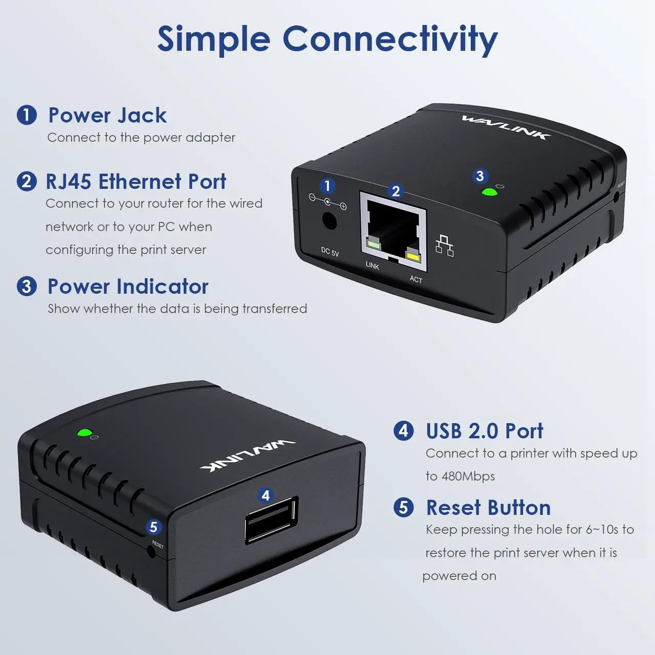 Alt view image 2 of 7 - Wavlink USB2.0 Network Print Server, LAN Print Share Server for USB Printers, LPR Print Protocol 10/100Mbps Computer Print Server Adapter for Windows 7/8/8.1/XP/10/11/Vista, MacOS 10.7 or above