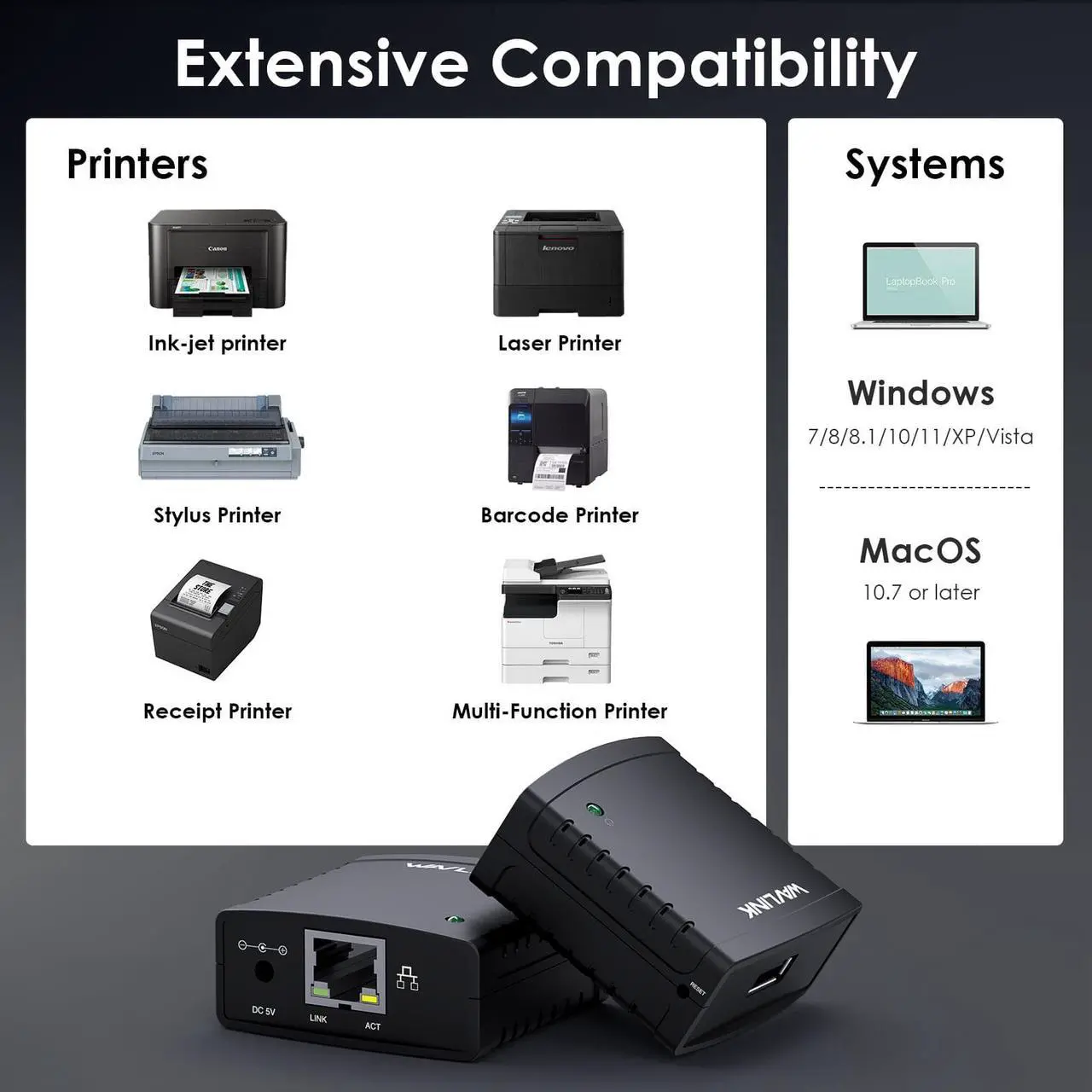 Alt view image 5 of 7 - Wavlink USB2.0 Network Print Server, LAN Print Share Server for USB Printers, LPR Print Protocol 10/100Mbps Computer Print Server Adapter for Windows 7/8/8.1/XP/10/11/Vista, MacOS 10.7 or above