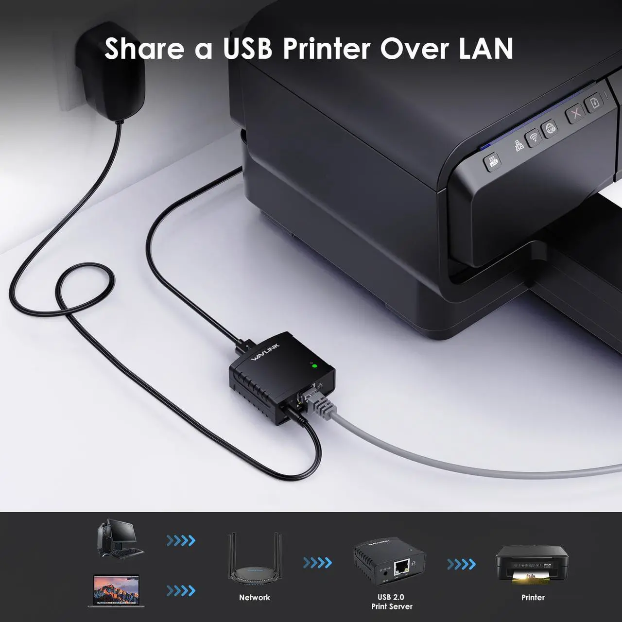 Alt view image 3 of 7 - Wavlink USB2.0 Network Print Server, LAN Print Share Server for USB Printers, LPR Print Protocol 10/100Mbps Computer Print Server Adapter for Windows 7/8/8.1/XP/10/11/Vista, MacOS 10.7 or above