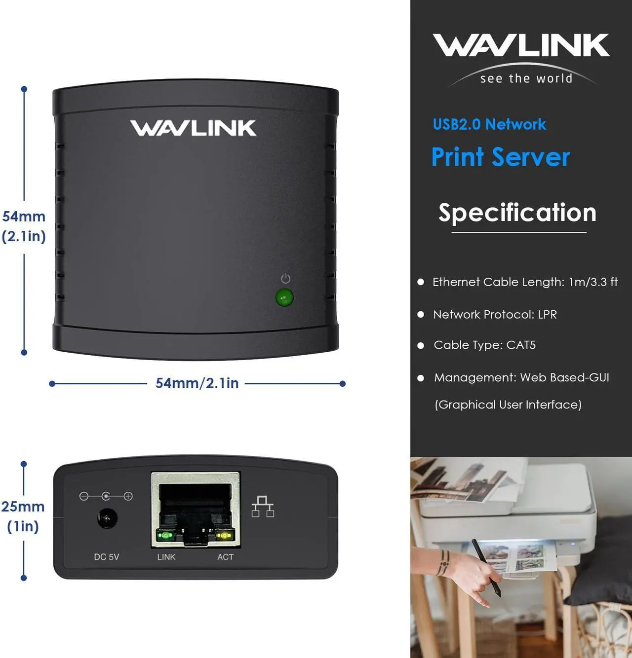 Alt view image 7 of 7 - Wavlink USB2.0 Network Print Server, LAN Print Share Server for USB Printers, LPR Print Protocol 10/100Mbps Computer Print Server Adapter for Windows 7/8/8.1/XP/10/11/Vista, MacOS 10.7 or above